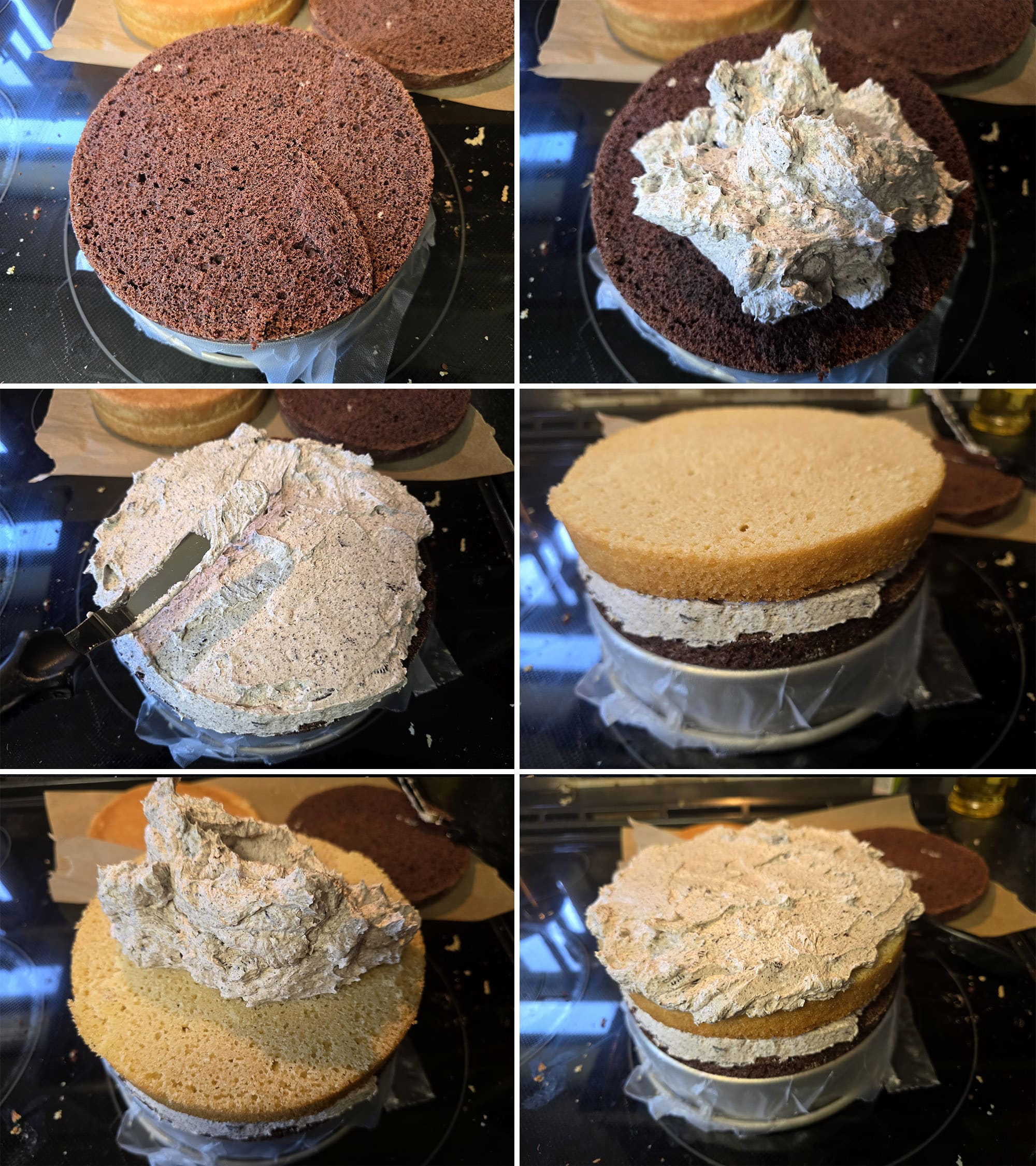 6 part image showing the first 2 cake layers being added, with cookies n creme frosting between each layer.