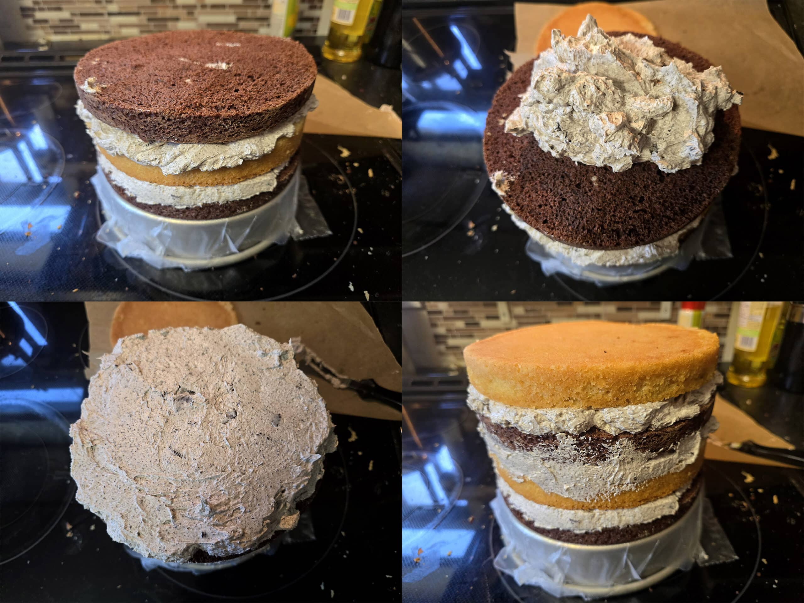 4 part image showing the last 2 cake layers being added, with cookies n creme frosting between each layer.