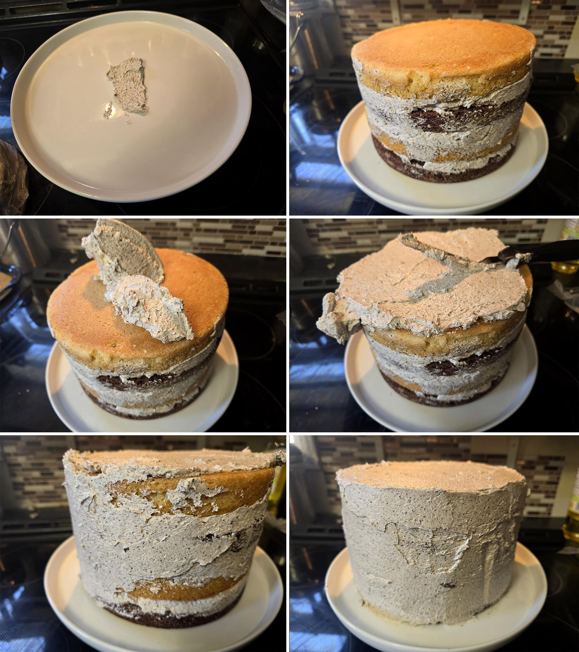 6 part image showing the cookies n creme cake being frosted with cookies and cream frosting.