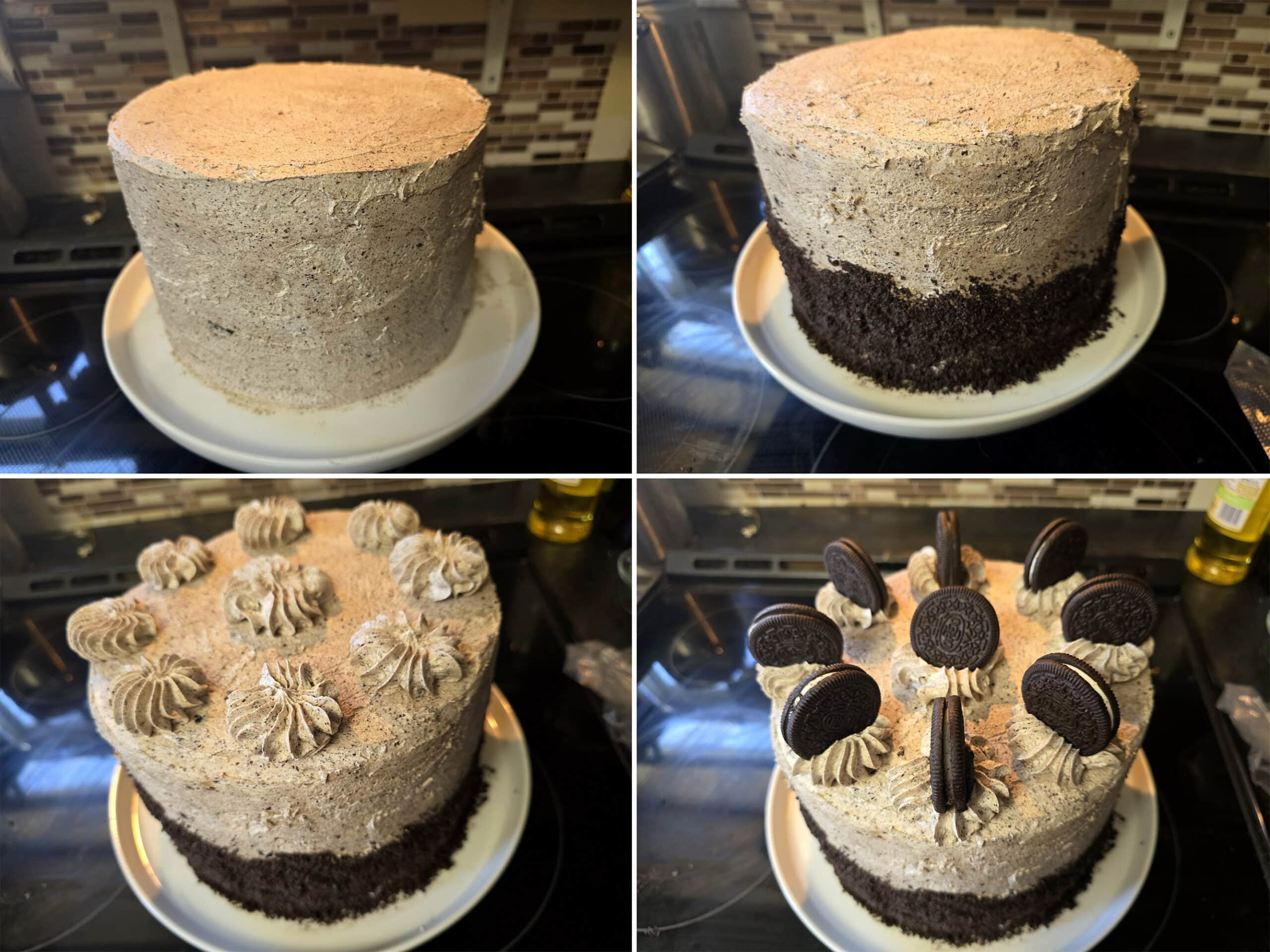 4 part image showing the cake being spread with cookies n cream frosting, crushed cookies pressed in the side, and decorated with swirls of frosting and oreo cookies.