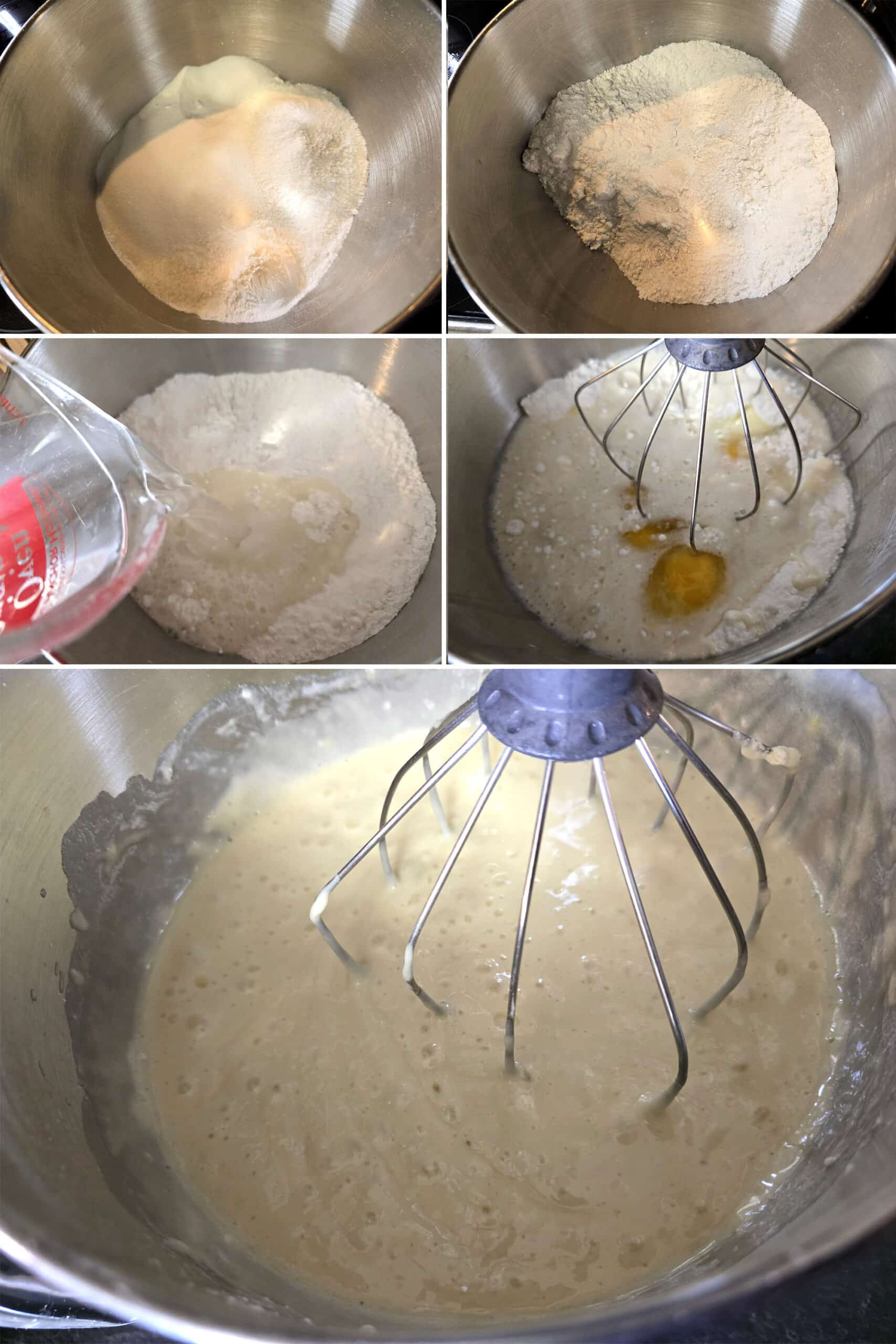 5 part image showing water and eggs being mixed into the dry ingredients.