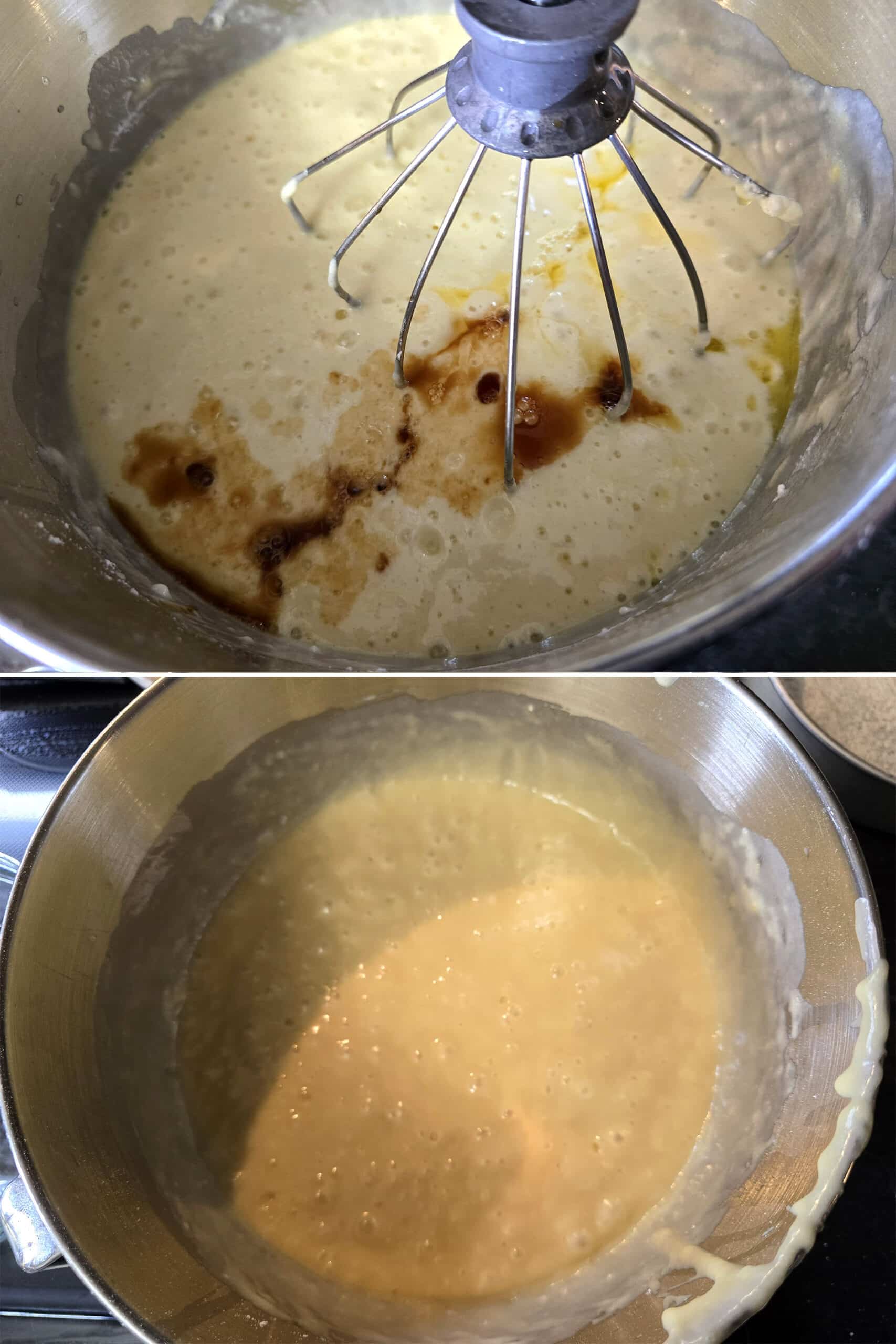 2 part image showing butter and vanilla extract being mixed into the cake batter.