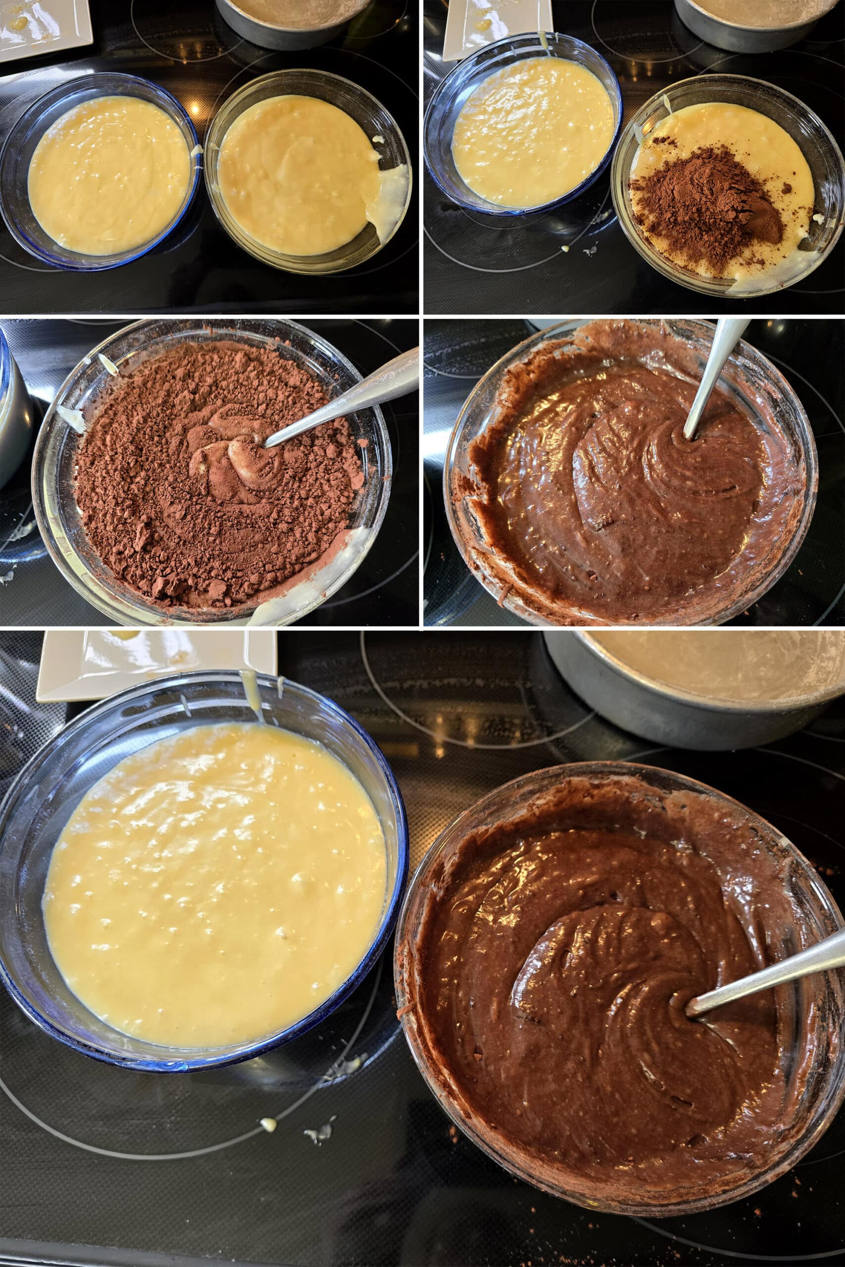 5 part image showing the cake batter divided into 2 bowls and cocoa being stirred into one of them.