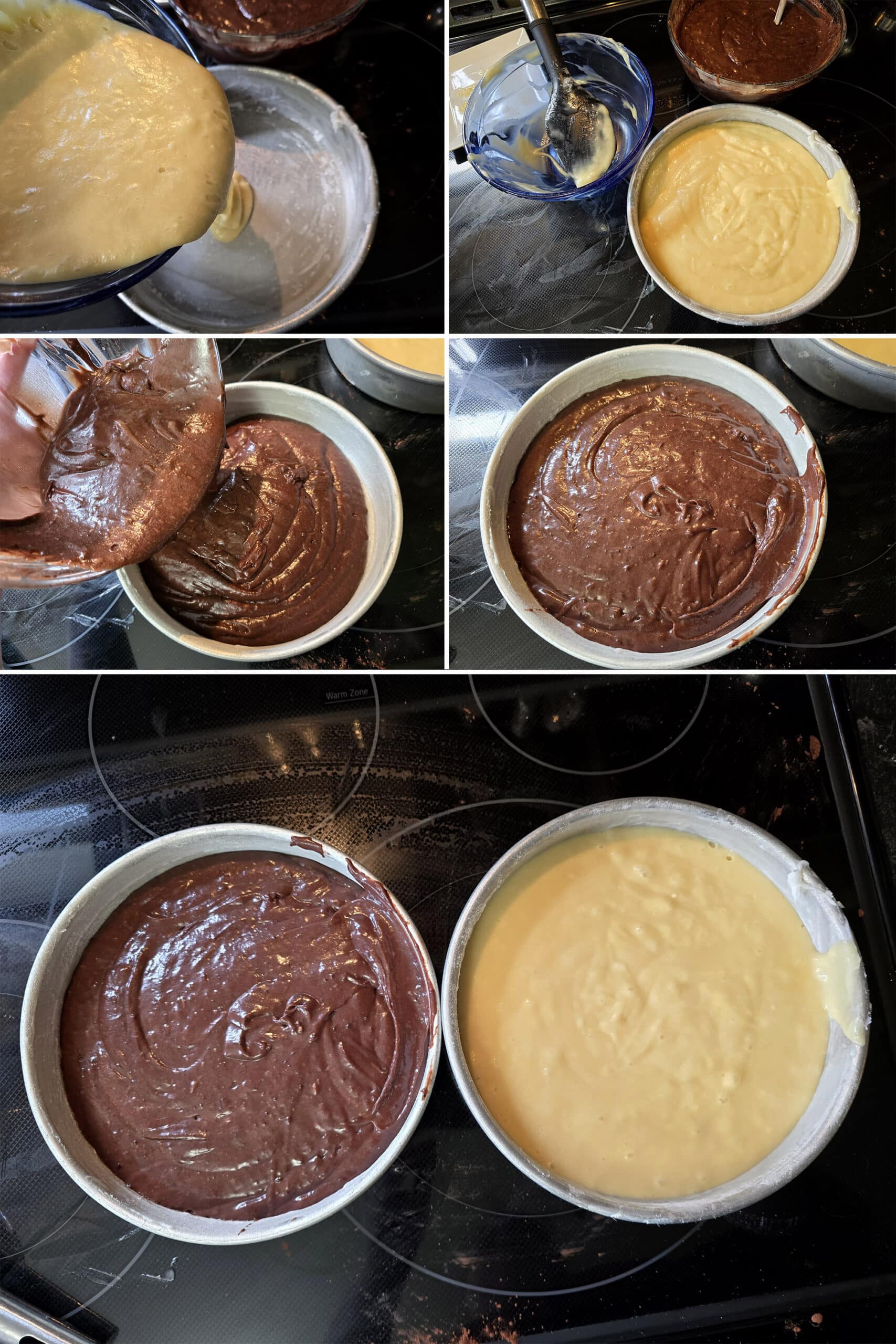 5 part image showing the two cake batters being poured into 8 inch round cake pans.