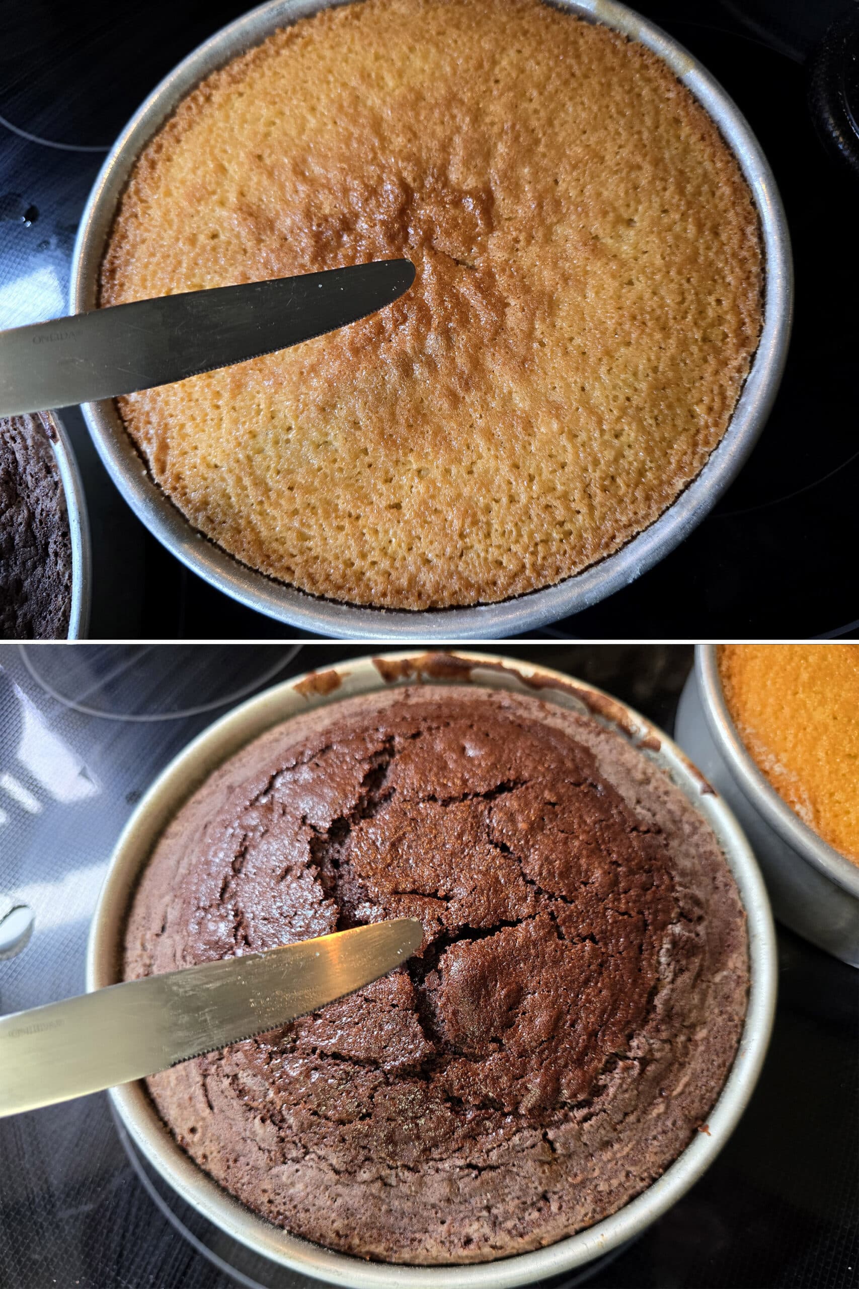 2 part image showing the vanilla and chocolate cake rounds with a clean butter knife held over each.