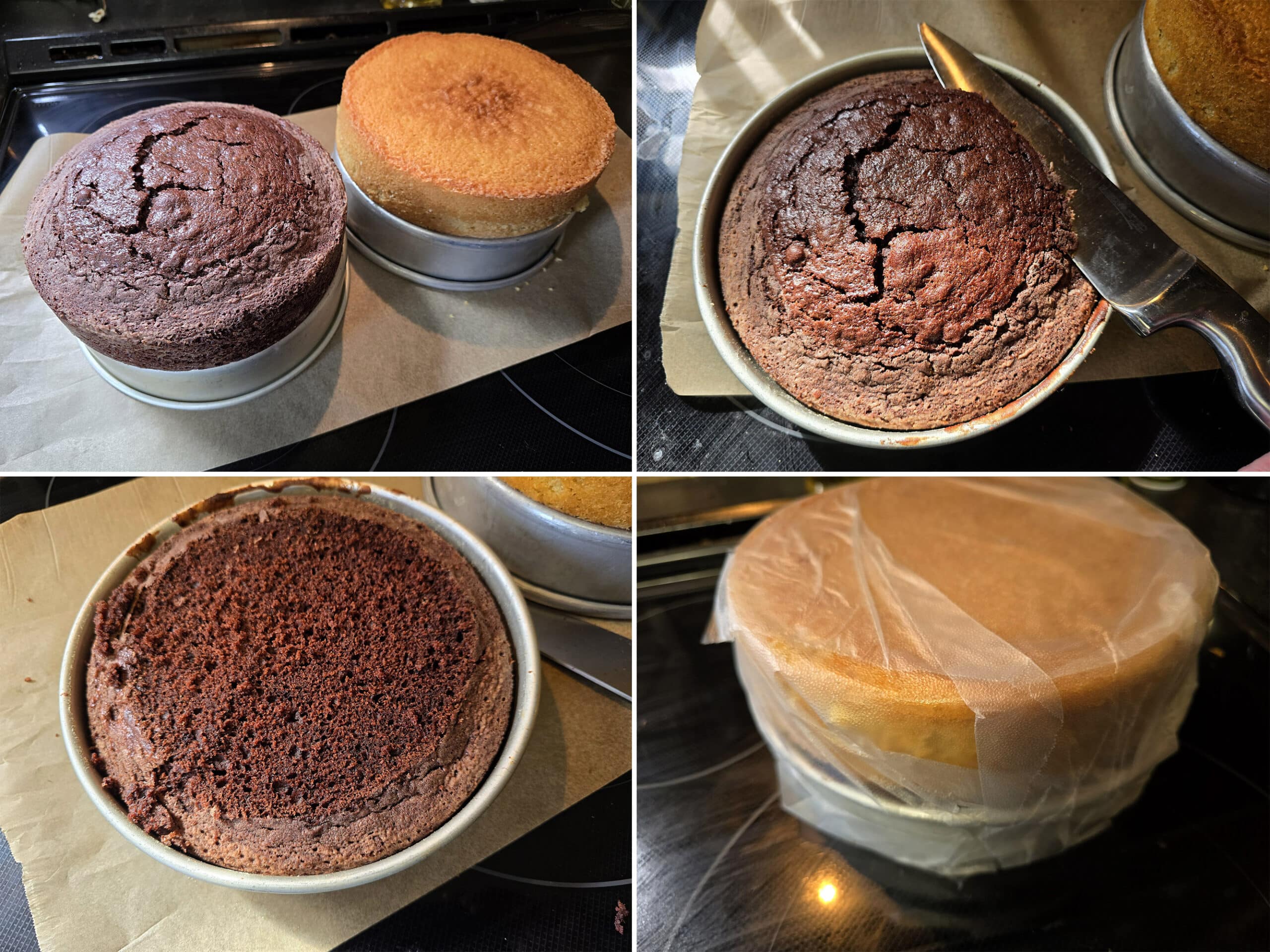 4 part image showing the tops being cut off the baked cake layers, then the cakes wrapped in plastic wrap.