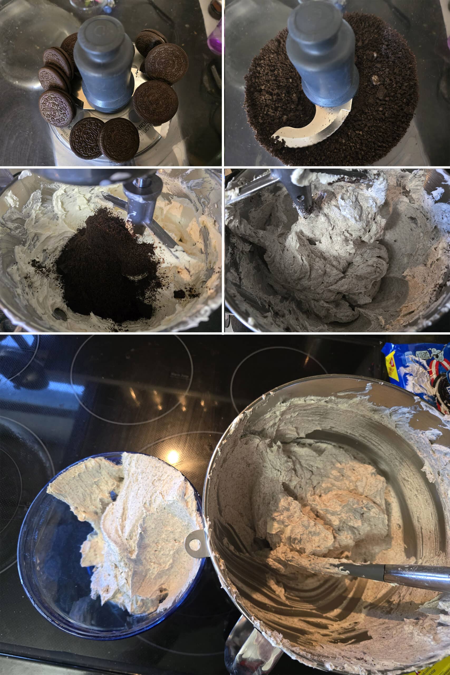 5 part image showing oreos being processed to a powder, then mixed into the swiss meringue buttercream.