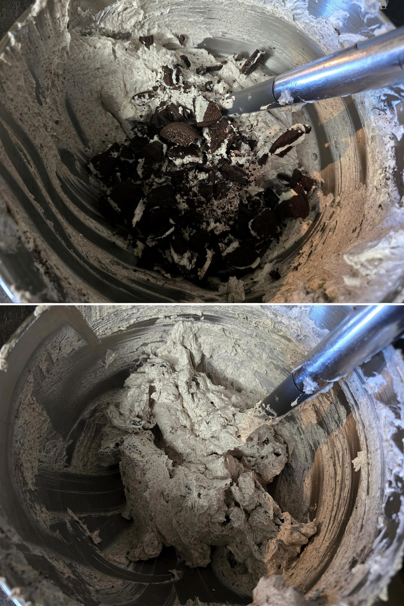 2 part image showing crushed oreos being mixed into the buttercream.