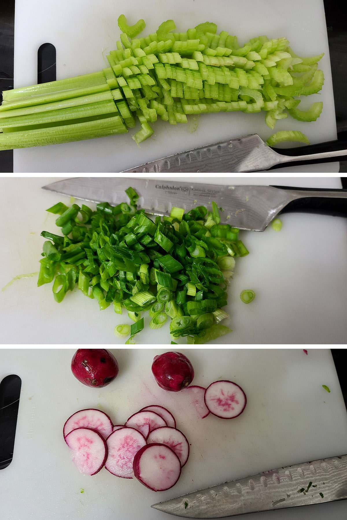 A three part compilation image showing celery bring chopped, chopped green onions, and sliced radishes on a cutting board.