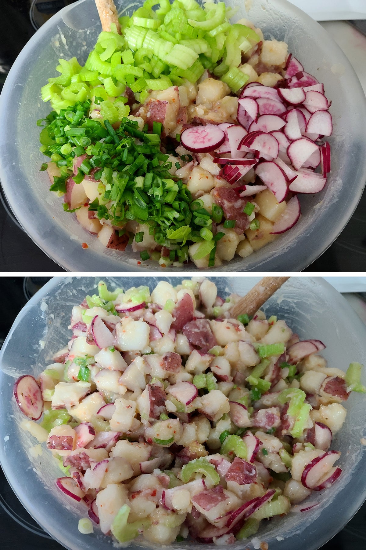 A two part compilation image showing a bowl of cooked potatoes with green onion, celery, and radishes added on top, then the bowl after the ingredients have been mixed.