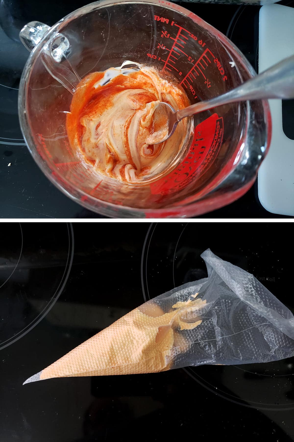 A two part compilation image showing mayonnaise and sriracha being mixed in a glass measuring cup, and that mixture in a clear plastic pastry bag.