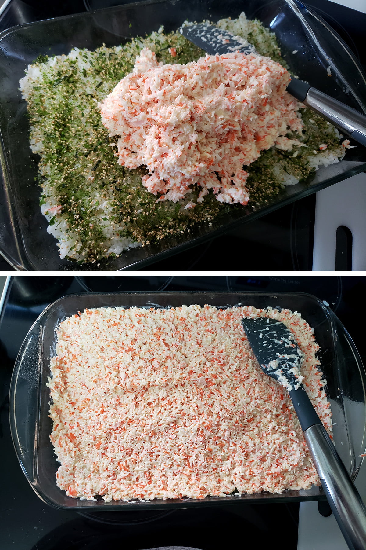 A two part compilation image showing the crab mixture being spread over the rice and furikake layers in a 9 x 13 glass baking dish.