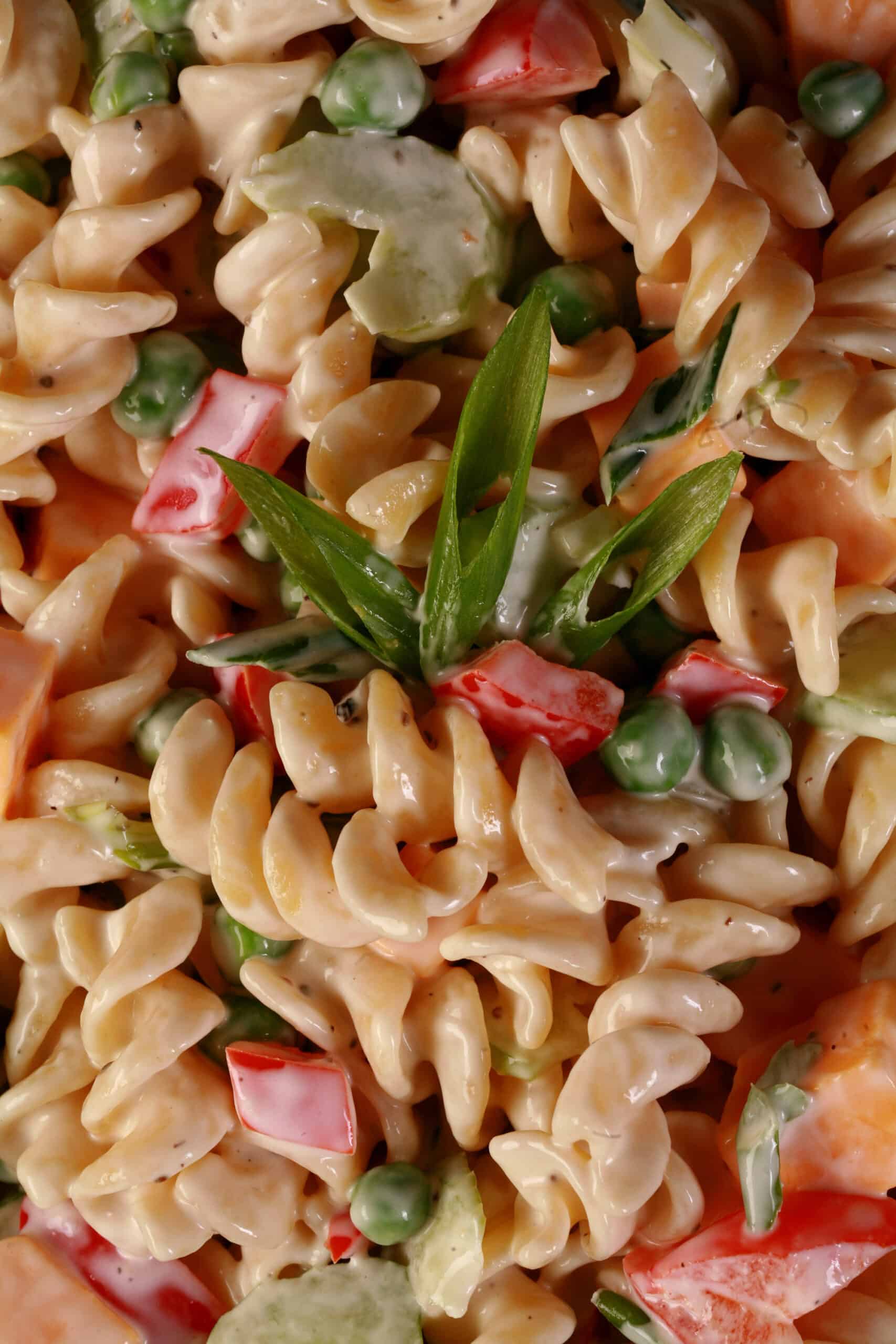 A close up view of a creamy pasta salad made with rotini, red peppers, celery, cheese, peas, and green onions.