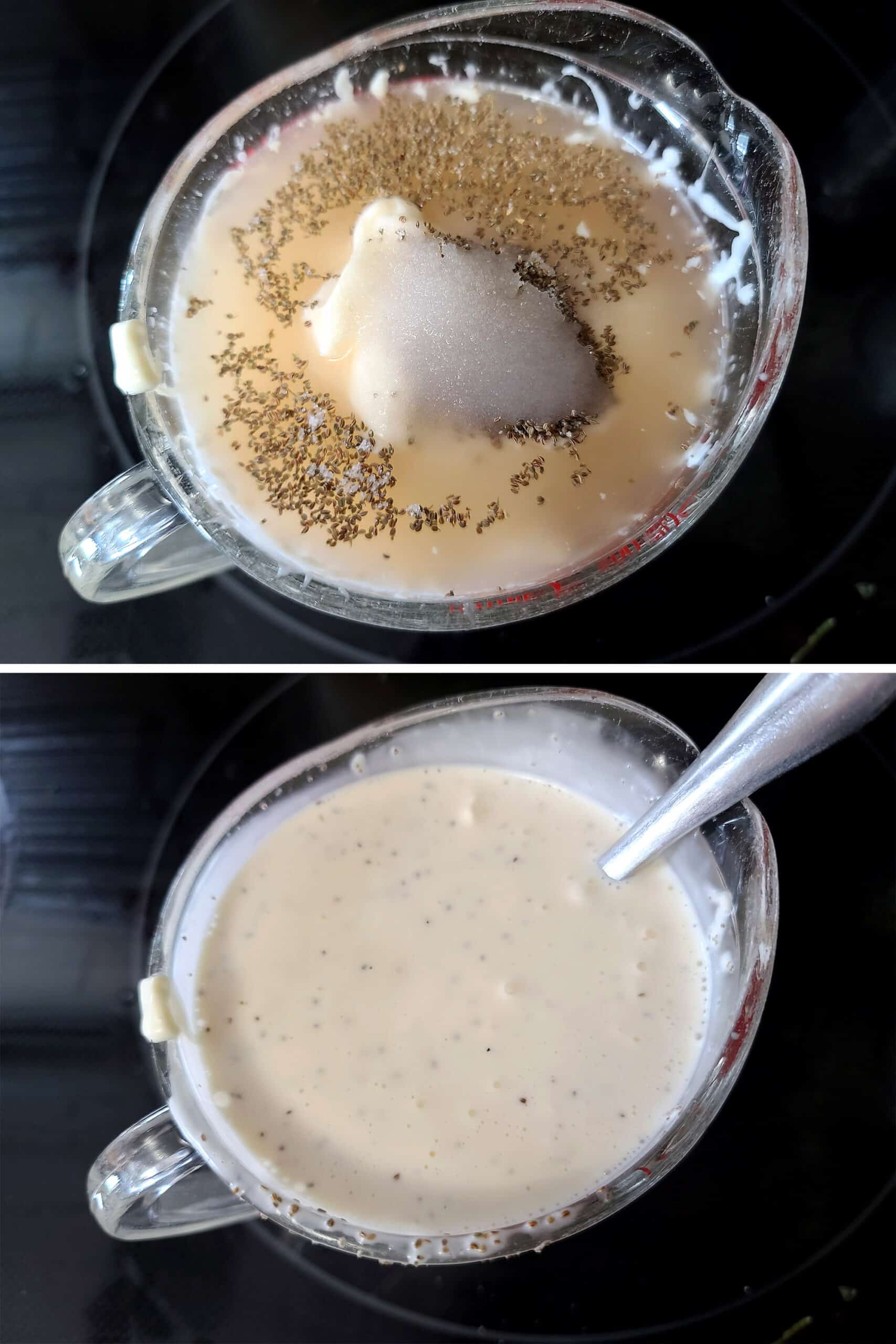 2 part image showing the salad dressing being mixed in a glass measuring cup.