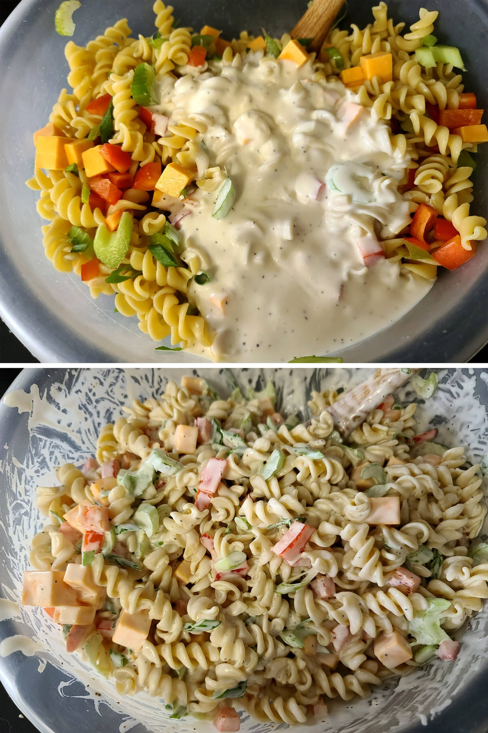 A 2 part image showing the mayo sauce being mixed into the bowl of pasta, veggies, and cheese.