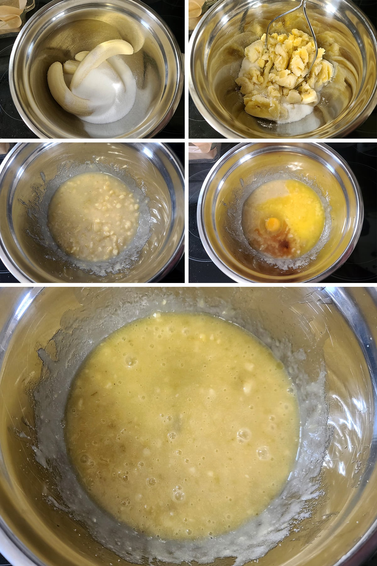 A 5 part image showing the banana being mashed with the sugar, then mixed with the remaining wet ingredients.