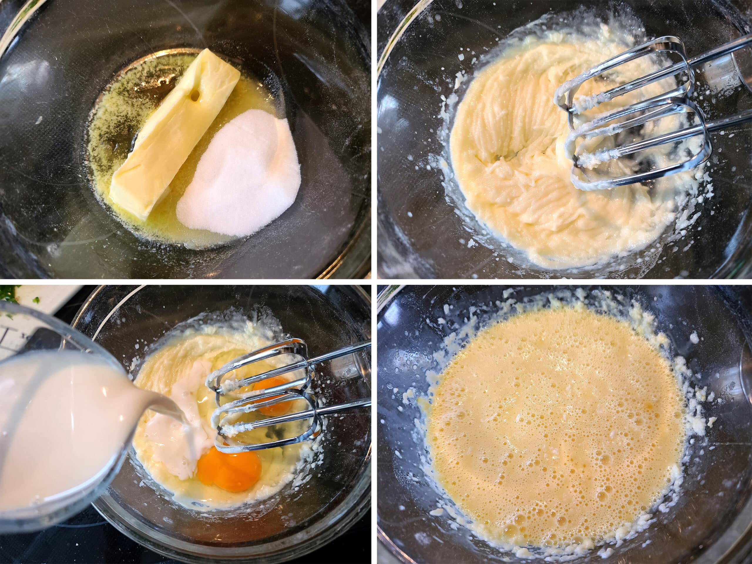 4 part image showing the butter, sugar, and honey being creamed together, then eggs and milk beaten in.