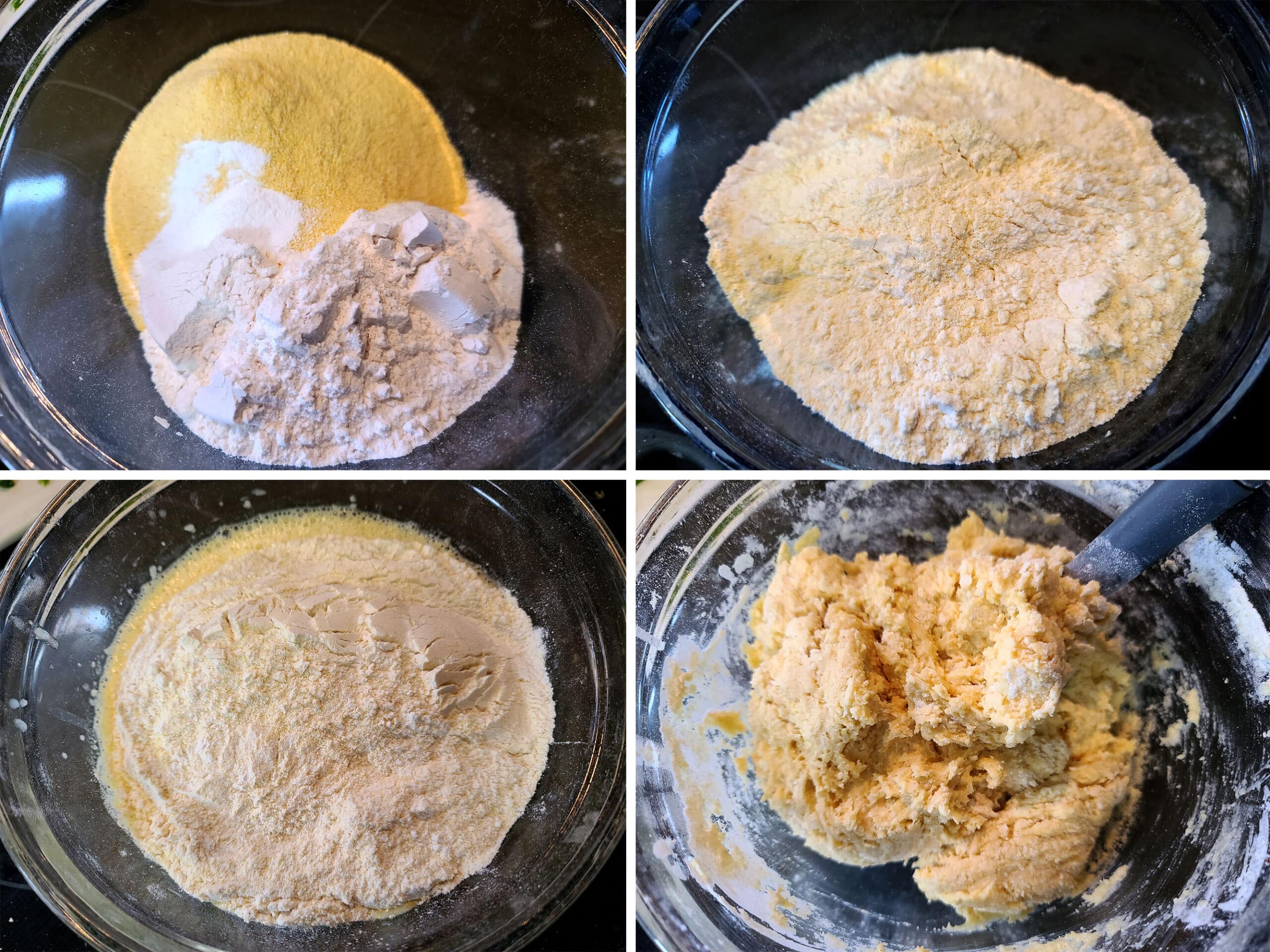 4 part image showing the dry ingredients being mixed together, then added to the wet ingredients, forming the cornbread batter.