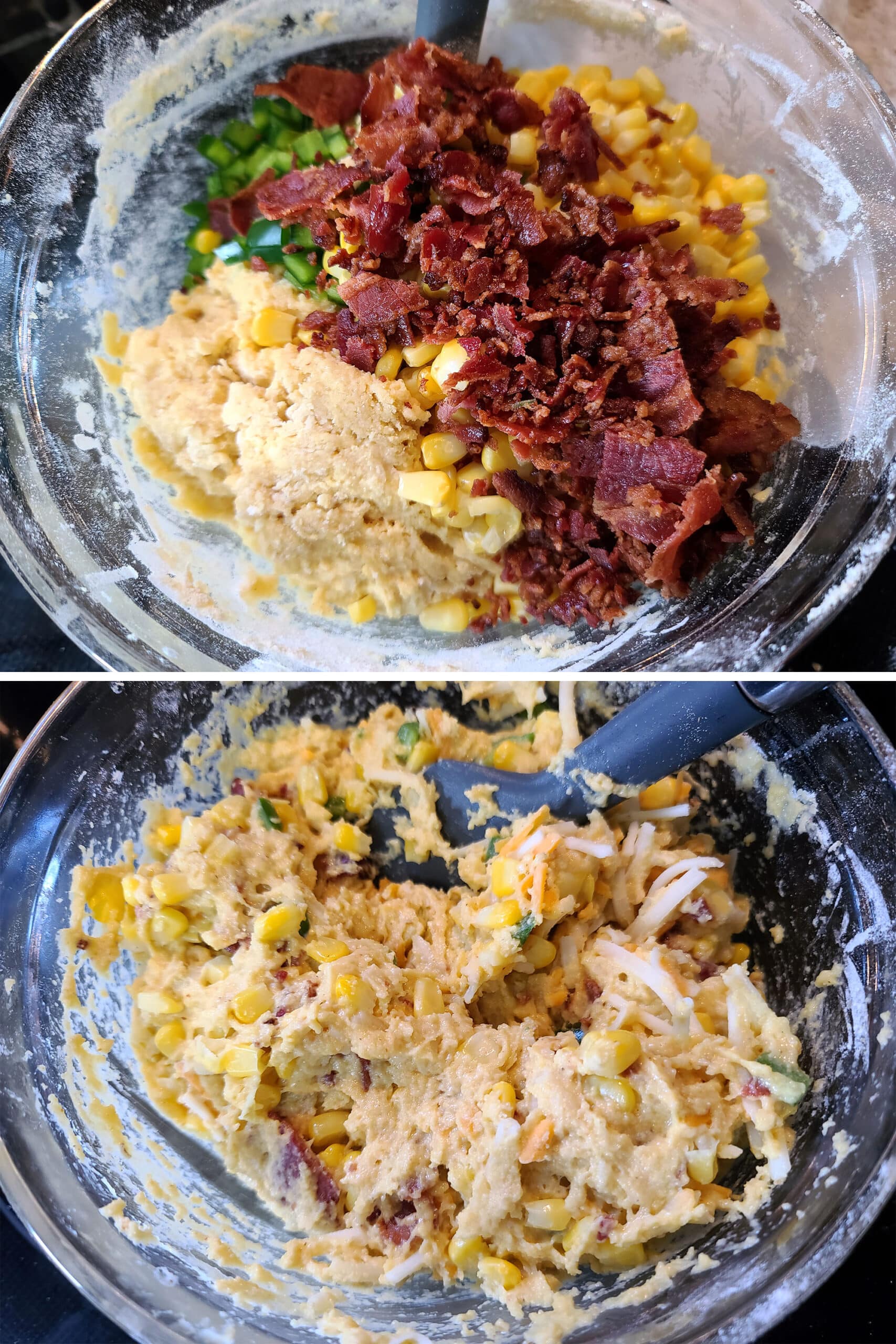 2 part image showing shredded cheese, cooked bacon, corn kernels, and chopped jalapenos being stirred into the cornbread batter.