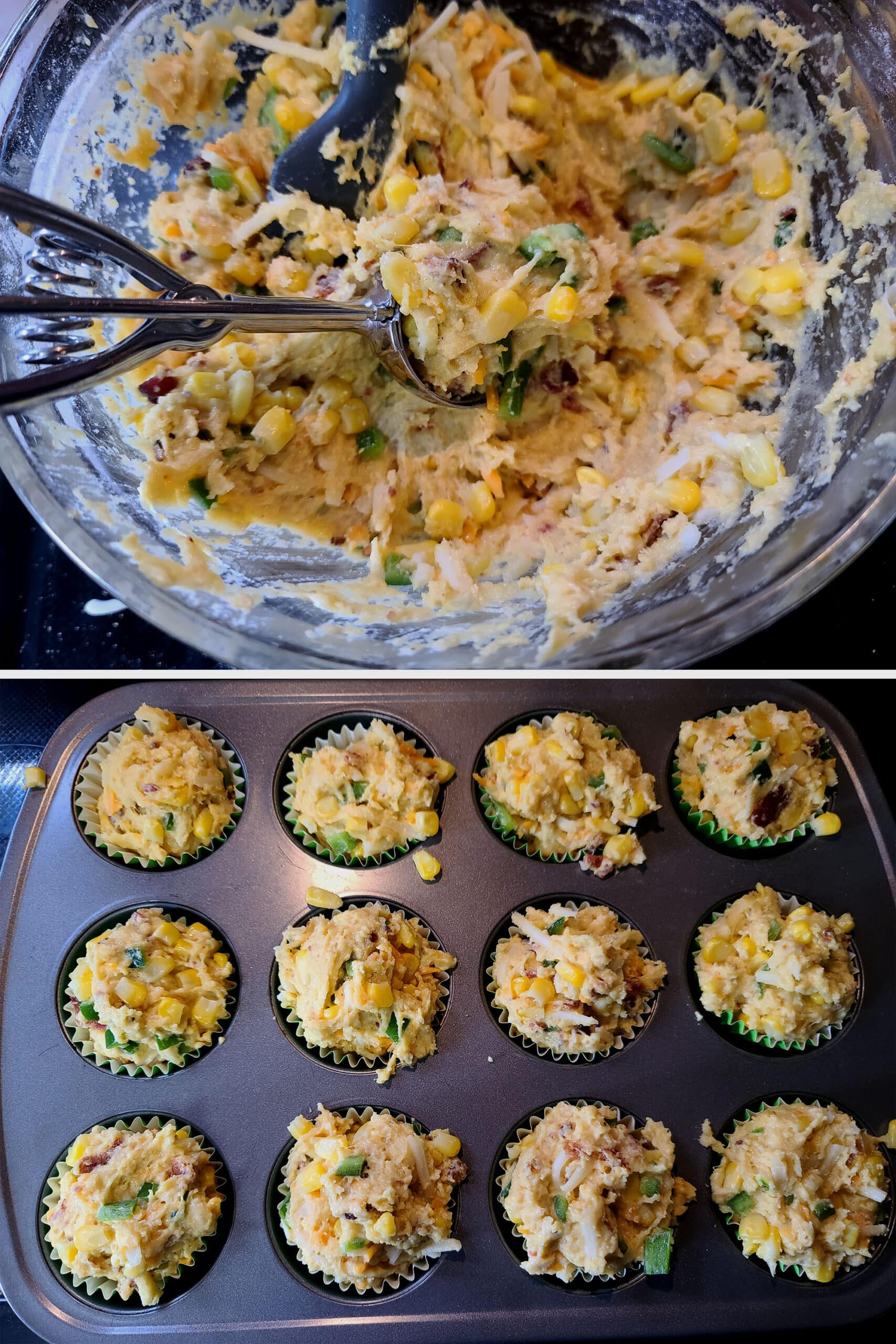 2 part image showing an ice cream scoop being used to scoop corn muffin batter into prepared muffin cups.