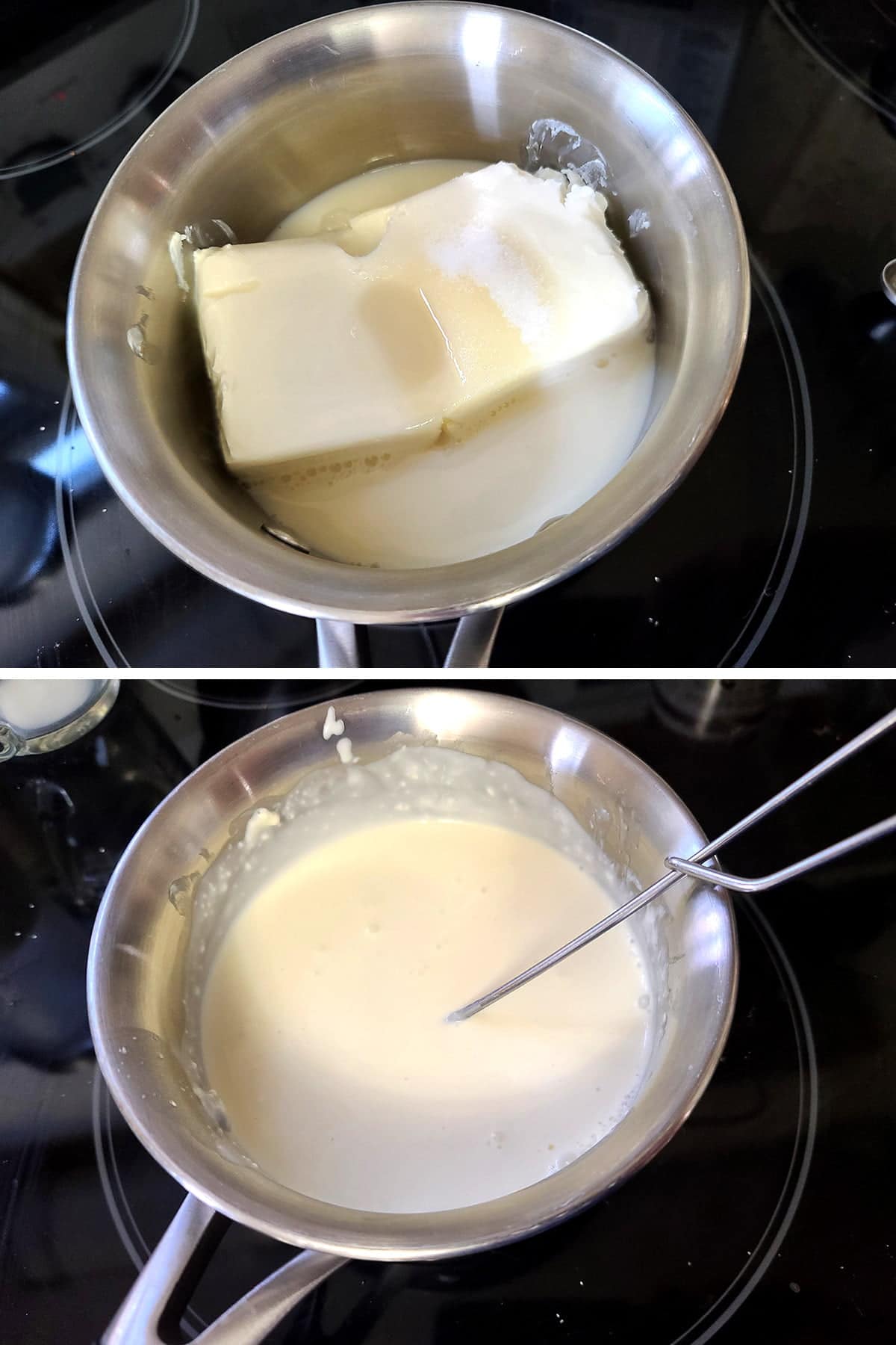 A two part compilation image, showing milk, a brick of cream cheese, sugar, and salt in a small pot, andthe cream sauce made from the same.