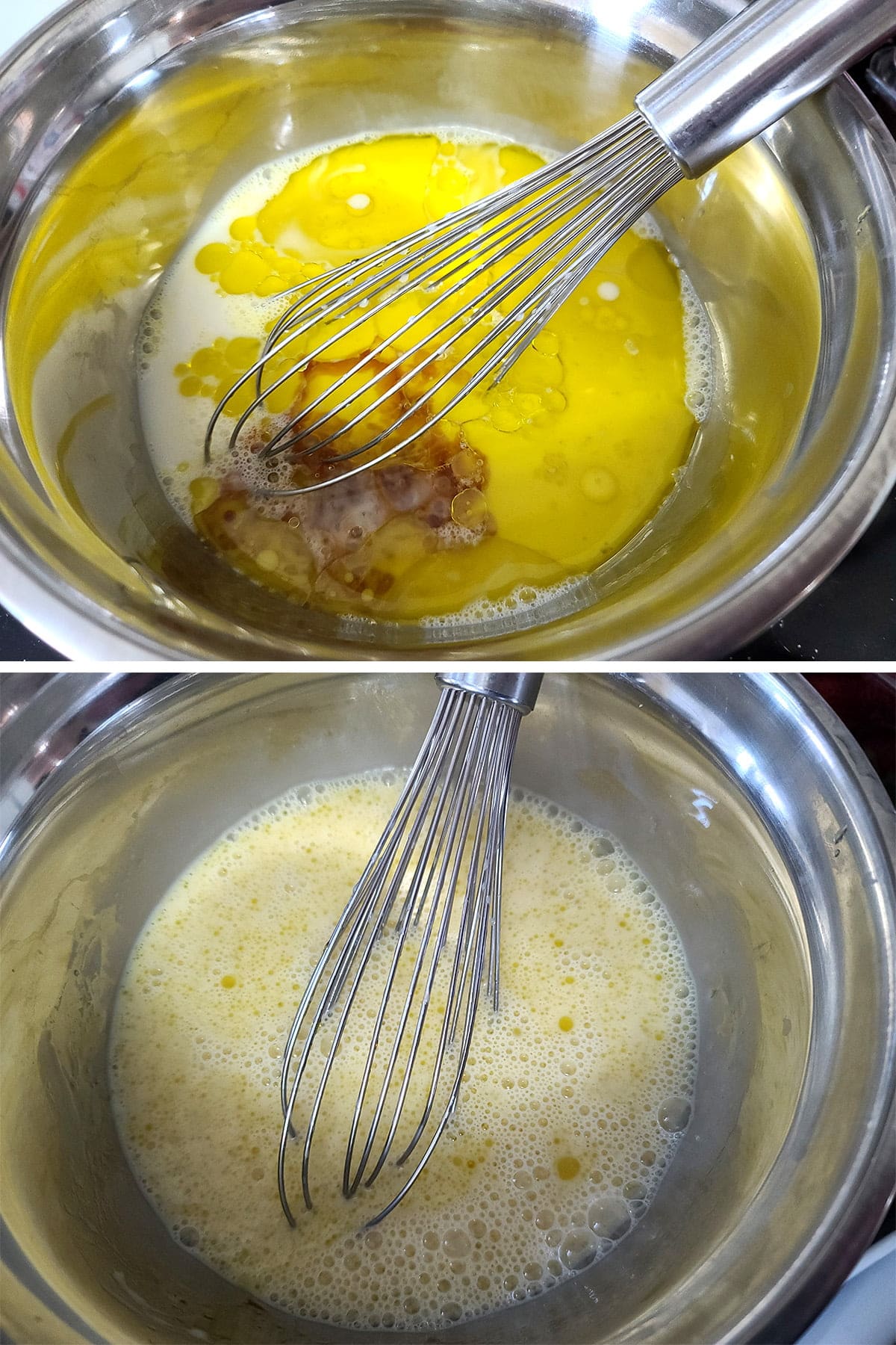 A two part compilation image showing the wet ingrediients in a stainless steel mixing bowl, before and after being whisked together.