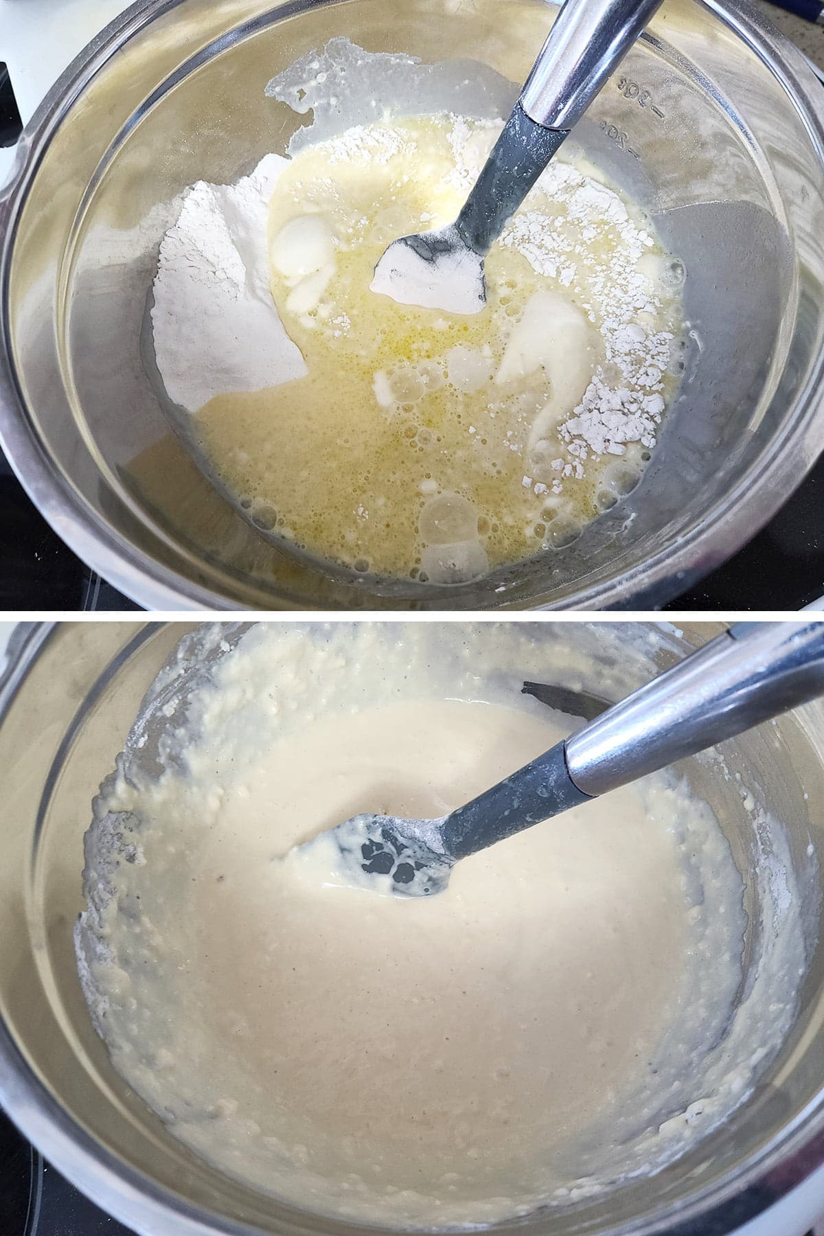 A two part compilation image showing the wet ingredients being added to the bowl of dry ingredients, before and after being mixed together.