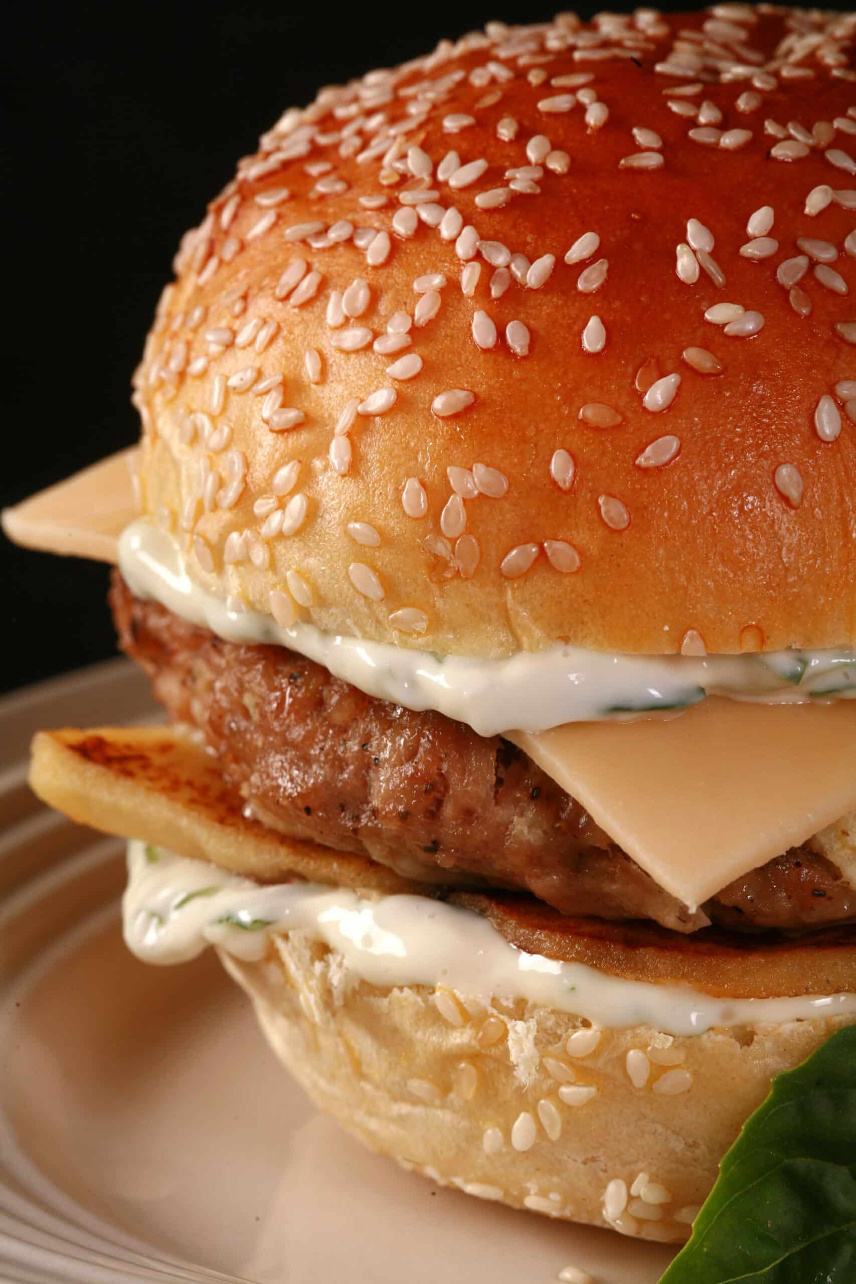 An apple chicken burger with basil mayo and gouda cheese.