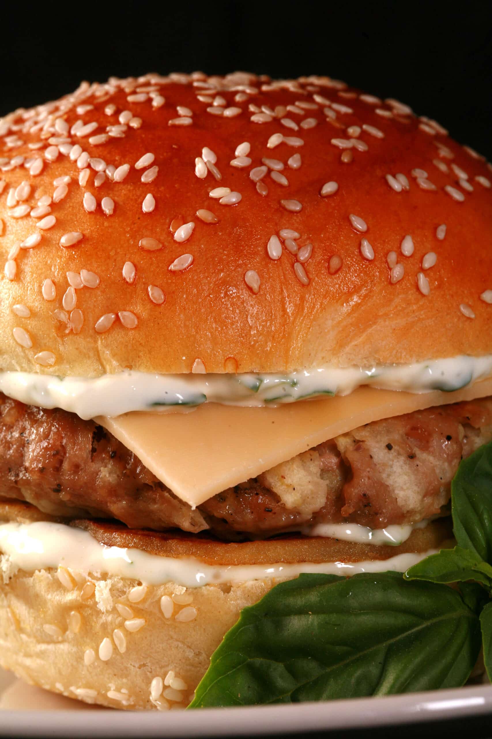 An apple chicken burger with basil mayonnaise and gouda cheese.