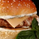 An apple chicken burger with basil mayonnaise and gouda cheese.