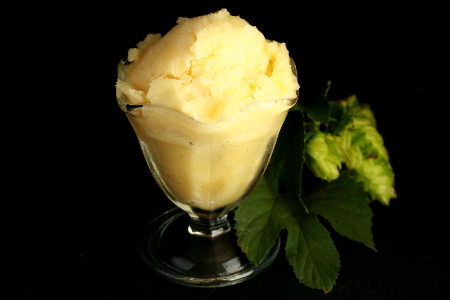 A fluted glass dessert cup of pale yellow hop sorbet, on a black background. There is a large hop lead and 3 pale green hop flowers next to the sorbet.