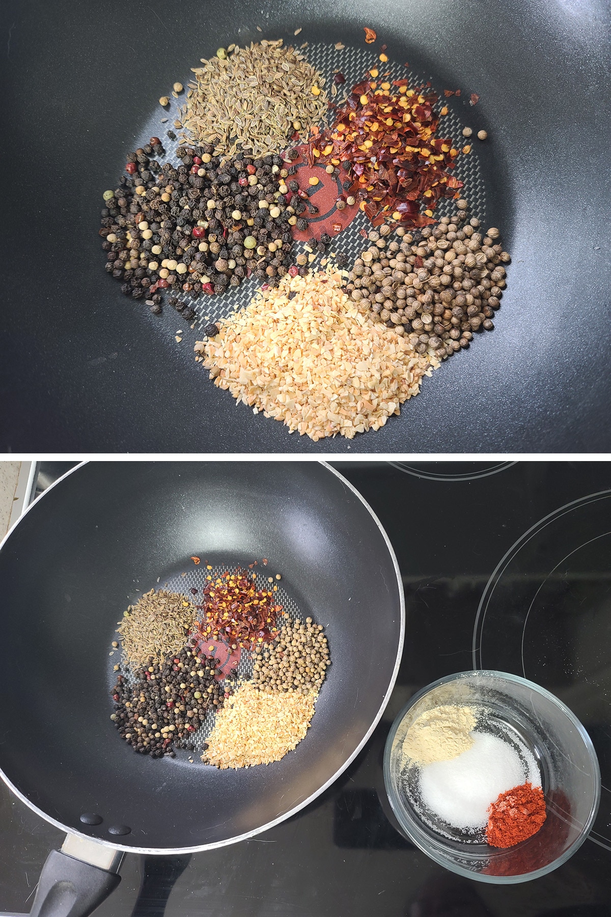 A two part compilation image showing spices measured into a pan, and that pan next to a small bowl of powdered spices.