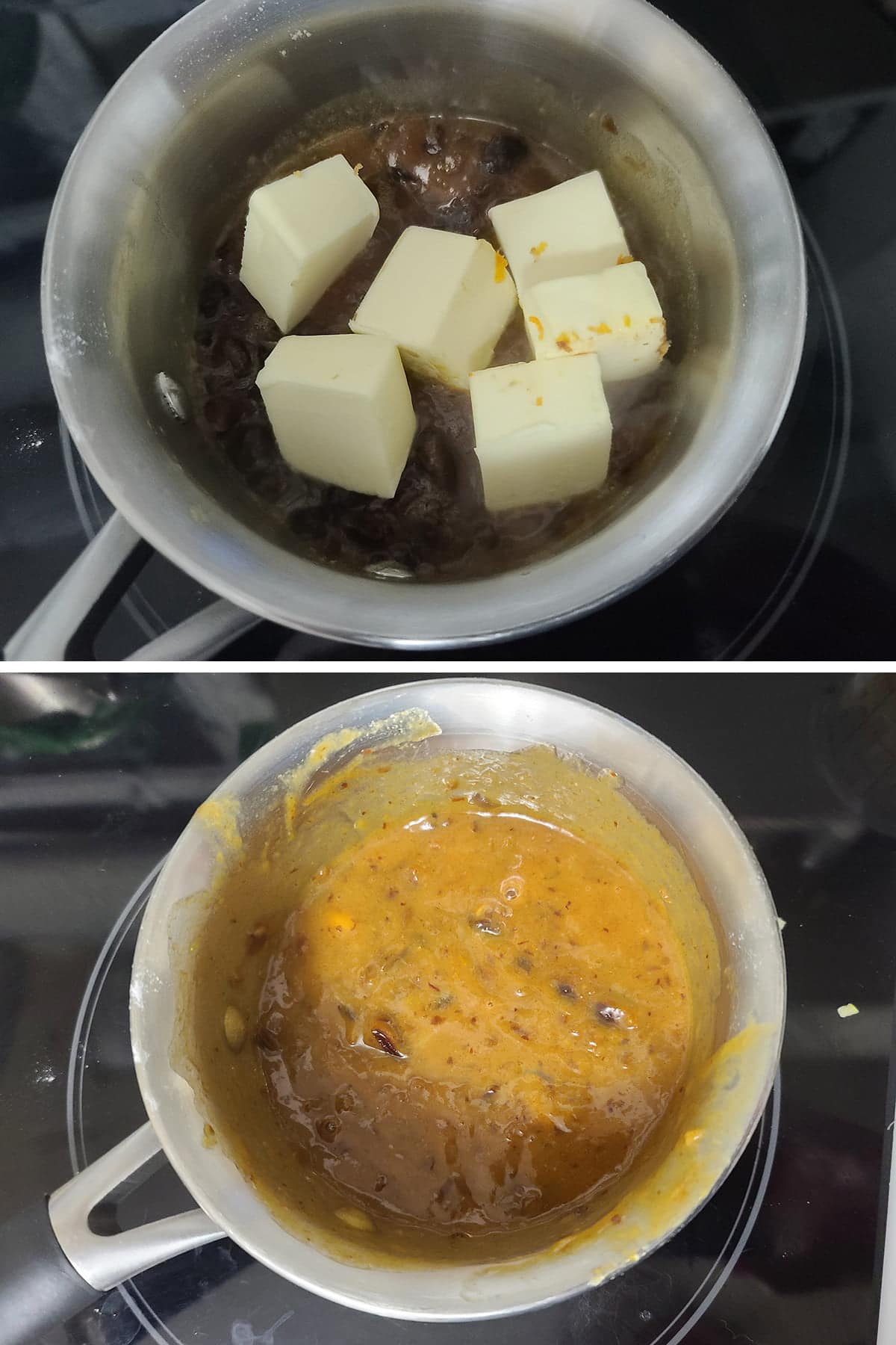 A two part compilation image, showing chunks of butter being added to the pot, and the smooth mixture after it's stirred.