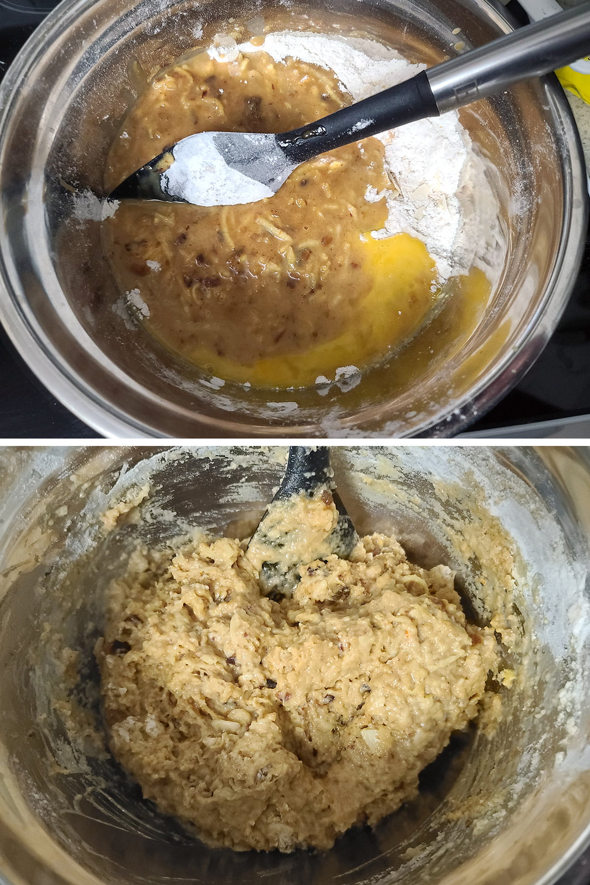 A two part compilation image showing the wet ingredients being added to the dry ingredients, and the finished muffin batter.