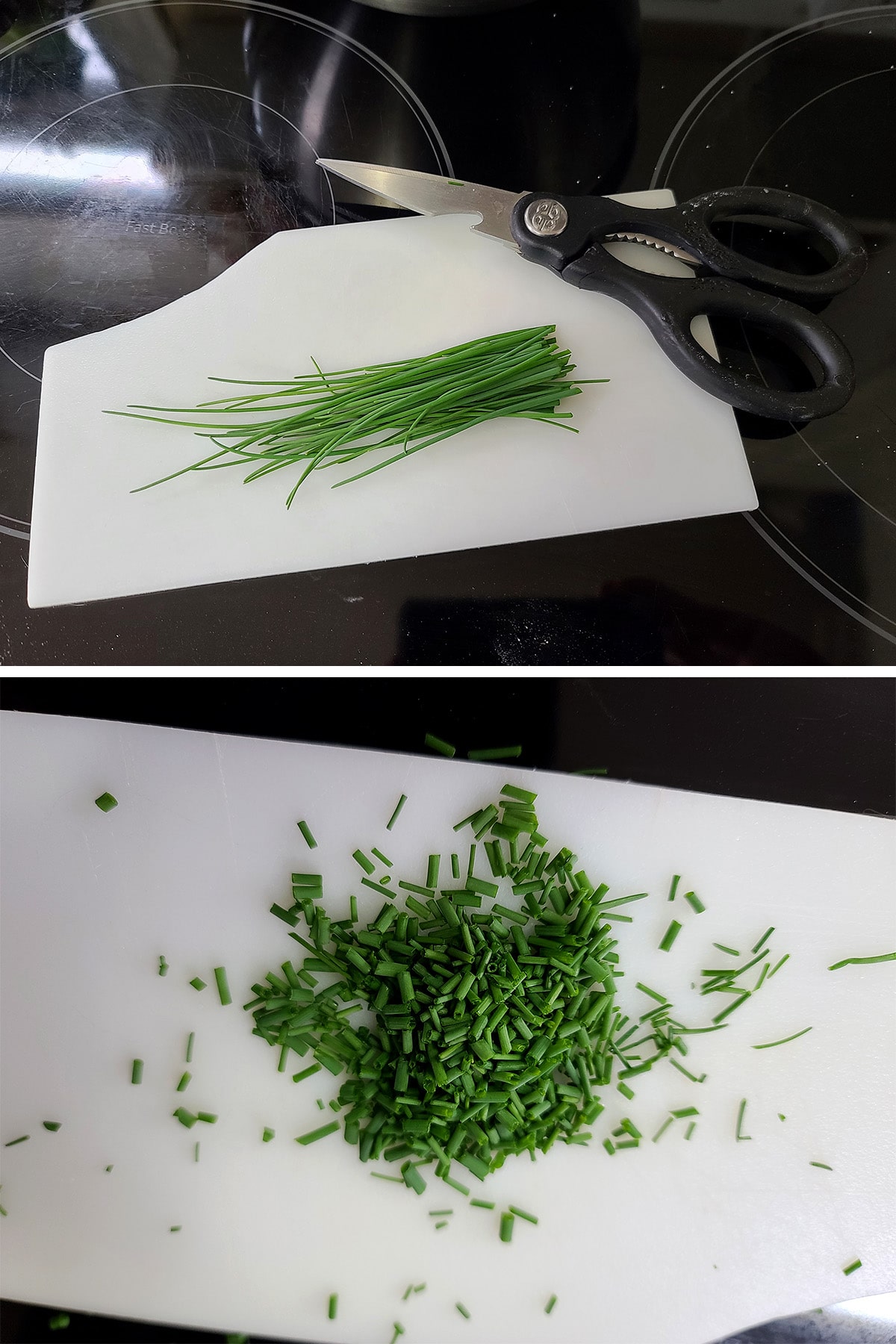 A two part compilation image showing a handful of freshly picked chives, and those chives chopped up.