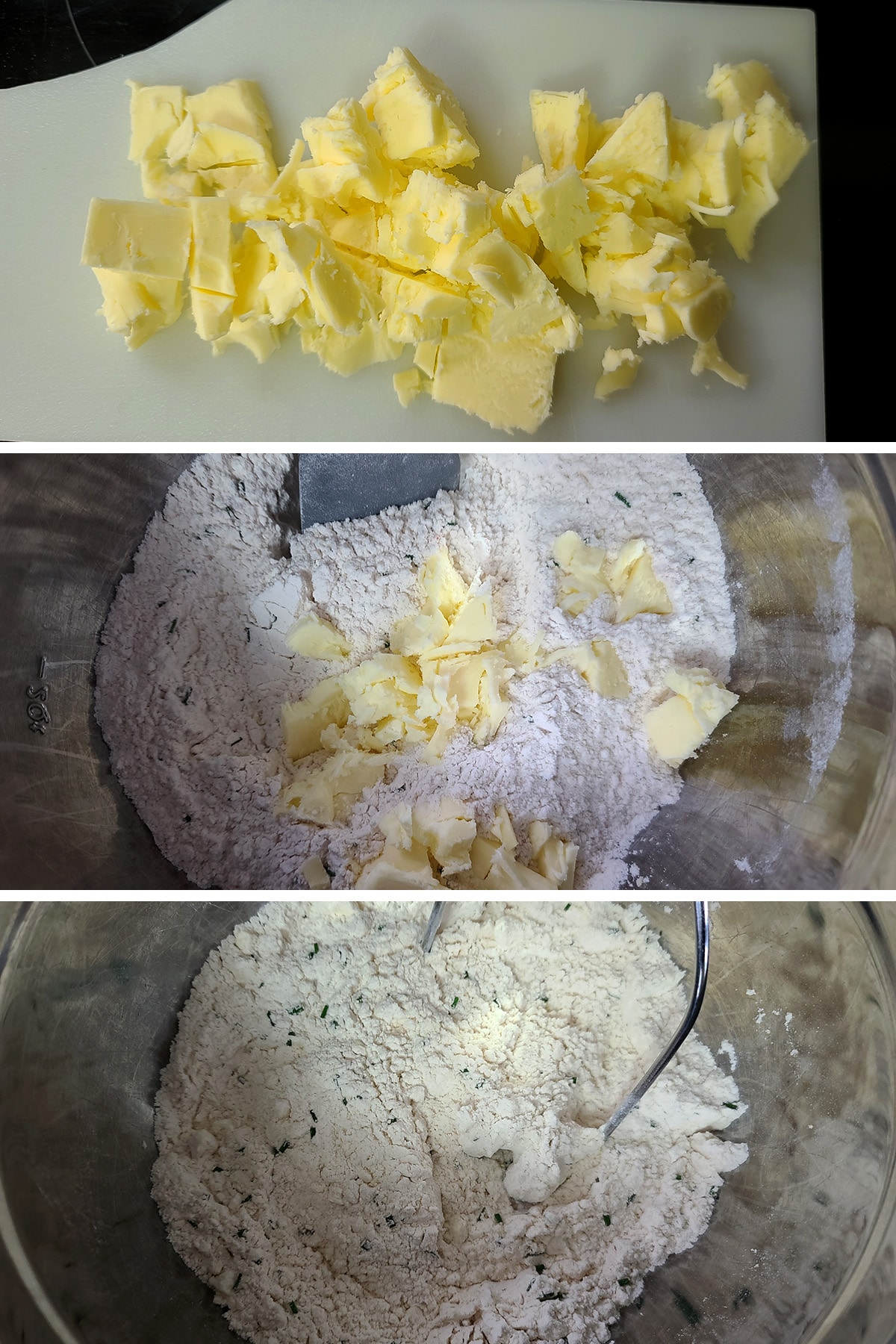 A three part compilation image showing cold butter chopped up, then added to the dry ingredients, and after it's been cut into the mixture.