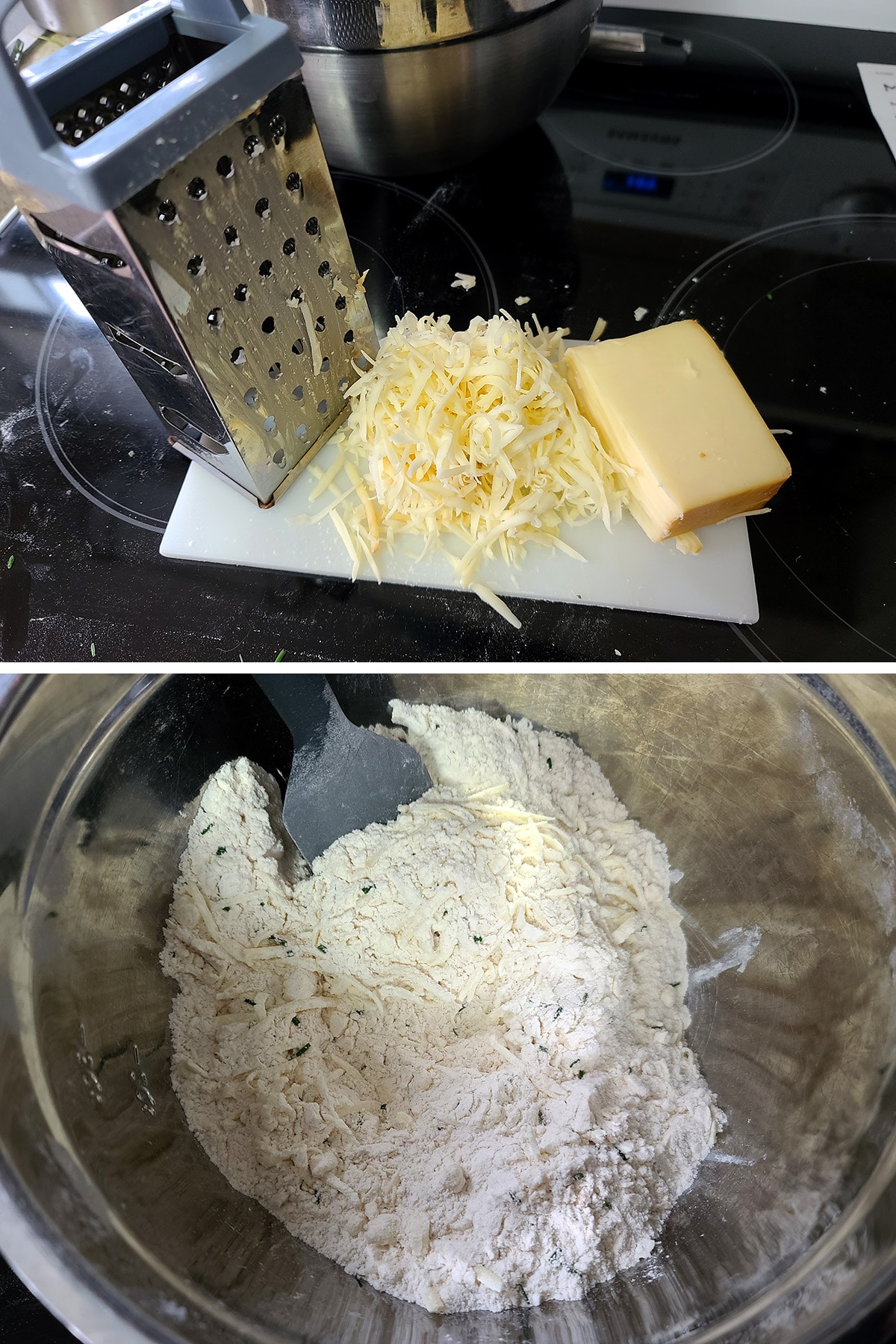 A two part compilation image showing smoked gouda being grated and then mixed in with the dry ingredients.