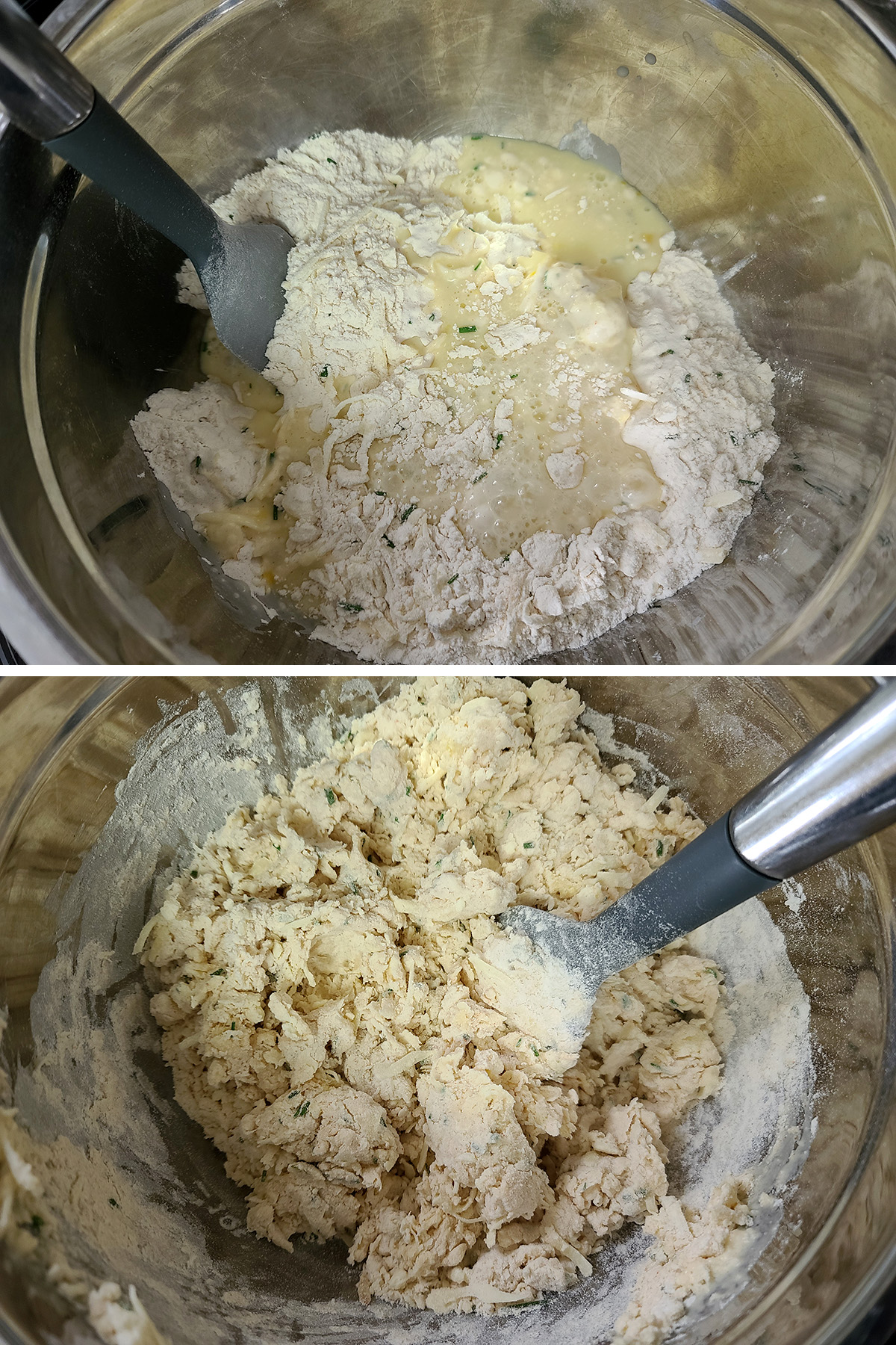 A two part compilation image showing the wet ingredients added to the bowl, and the loose dough after being mixed together.