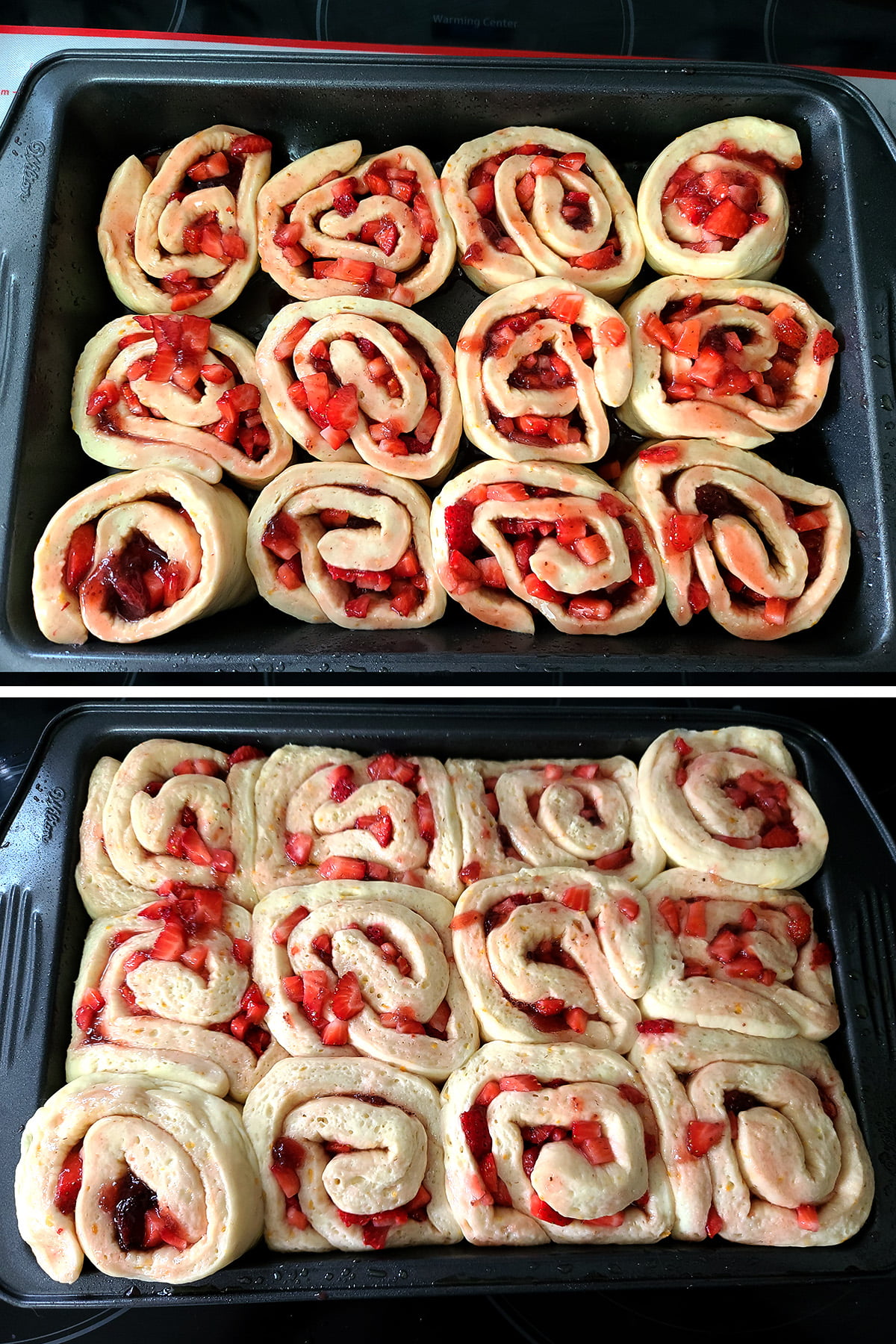 A two part compilation image showing the orange strawberry rolls placed in a pan, before and after rising. In the second image, the rolls are puffed and pushed up together.