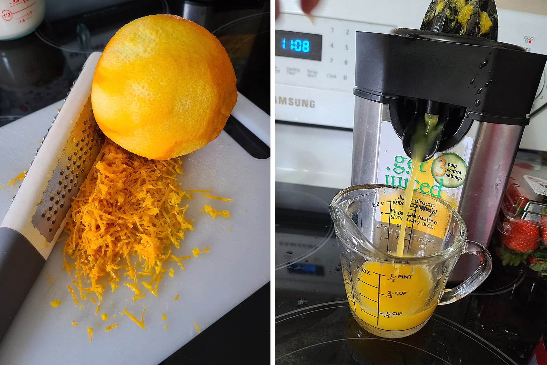 A two part compilation image showing a zested orange on a cutting board, and the oramge being juiced in a juicer.