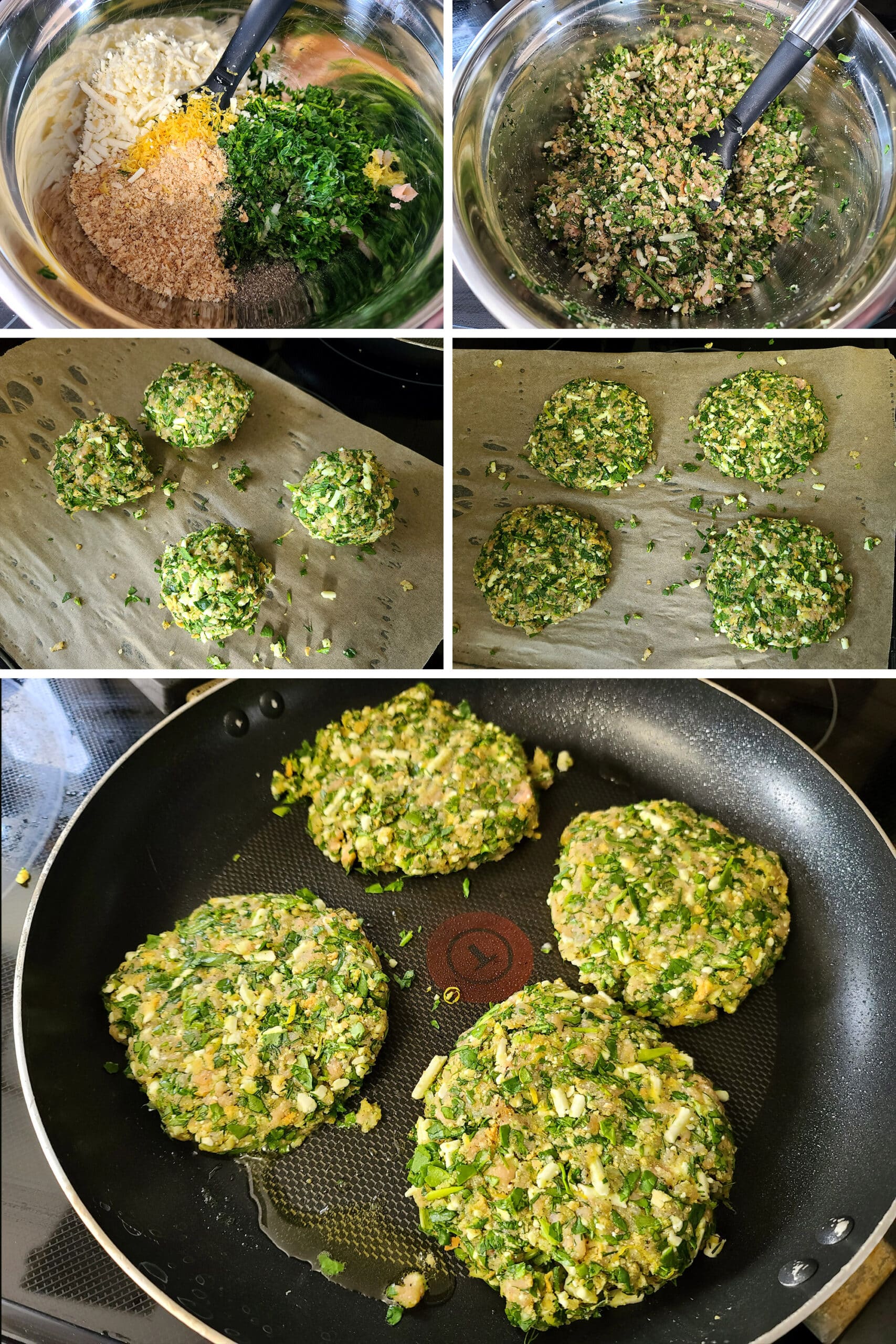 A 5 part image showing all of the salmon patty ingredients being mixed in a bowl, divided into 4 equal balls, formed into patties, and cooked in a fry pan.