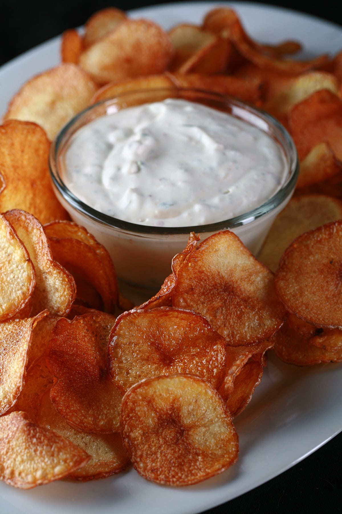 A large platter of fried potato slices, with a bowl of cactus dip. Based on a Boston Pizza appetizer.