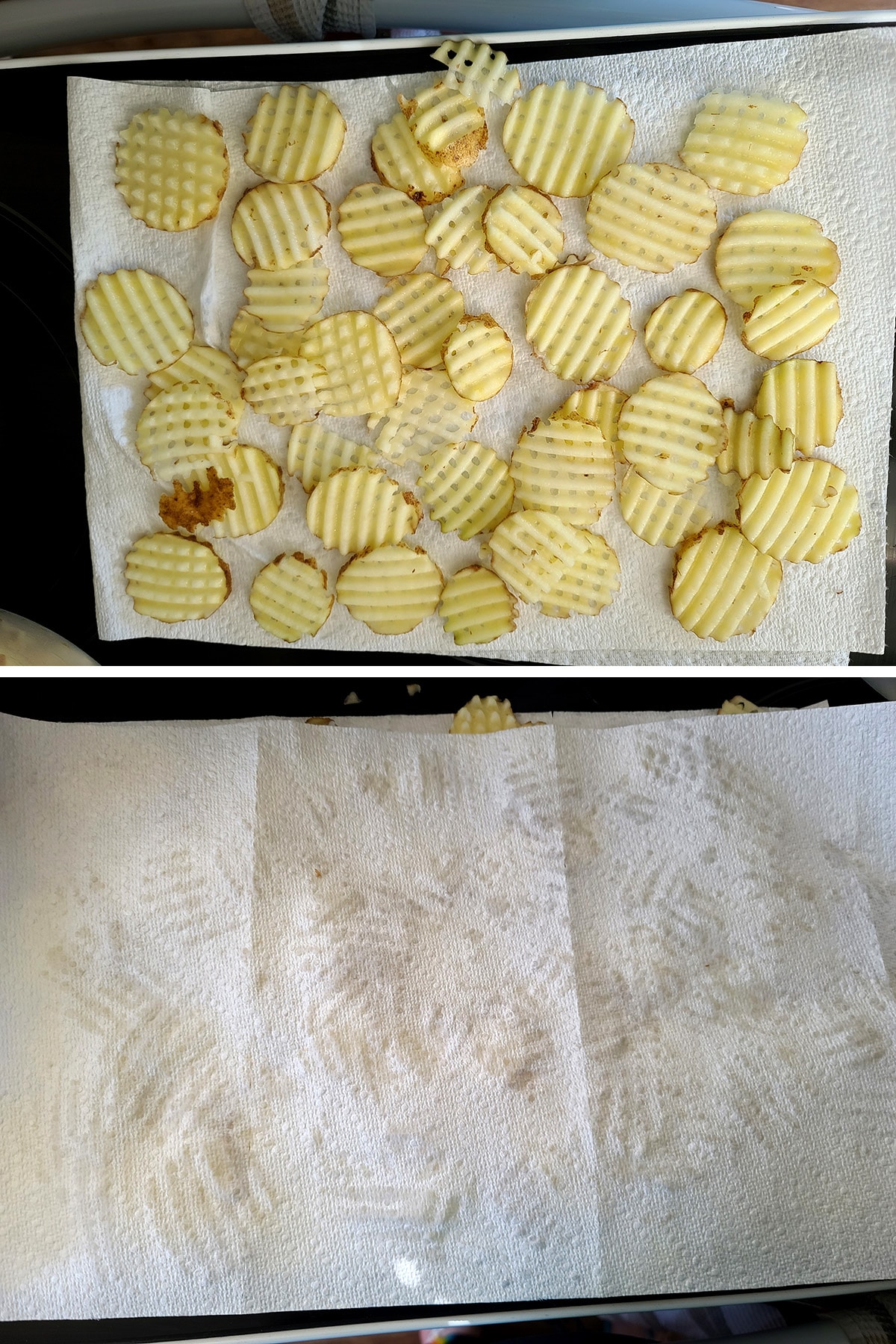 A two part compilation image, showing waffle cut potatoes on a baking sheet lined with paper towels, and then those fries covered with another layer of paper towels. Water marks are visible.