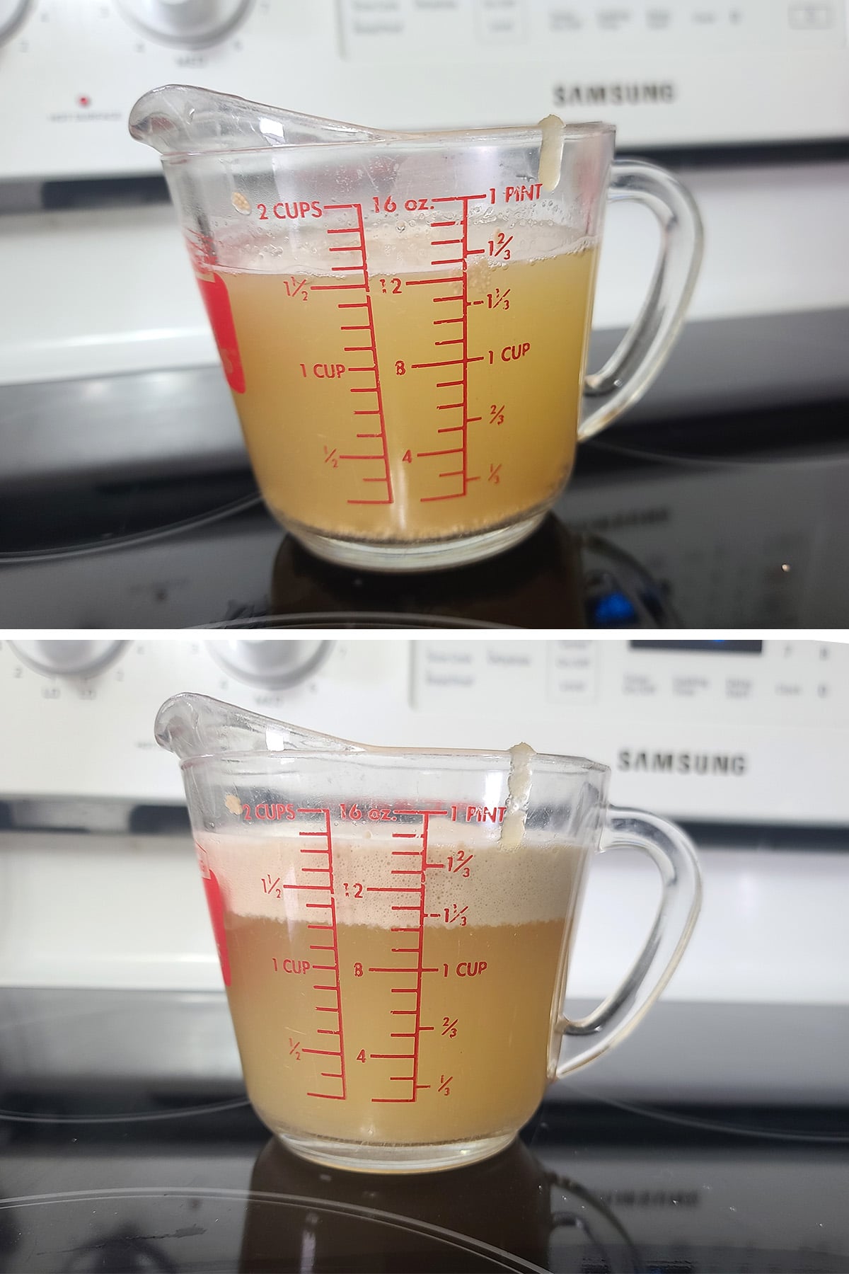 A two part image showing a 2 cup glass measure full of honey water and yeast, before and after the yeast formed a 1" thick layer of foam on the water.