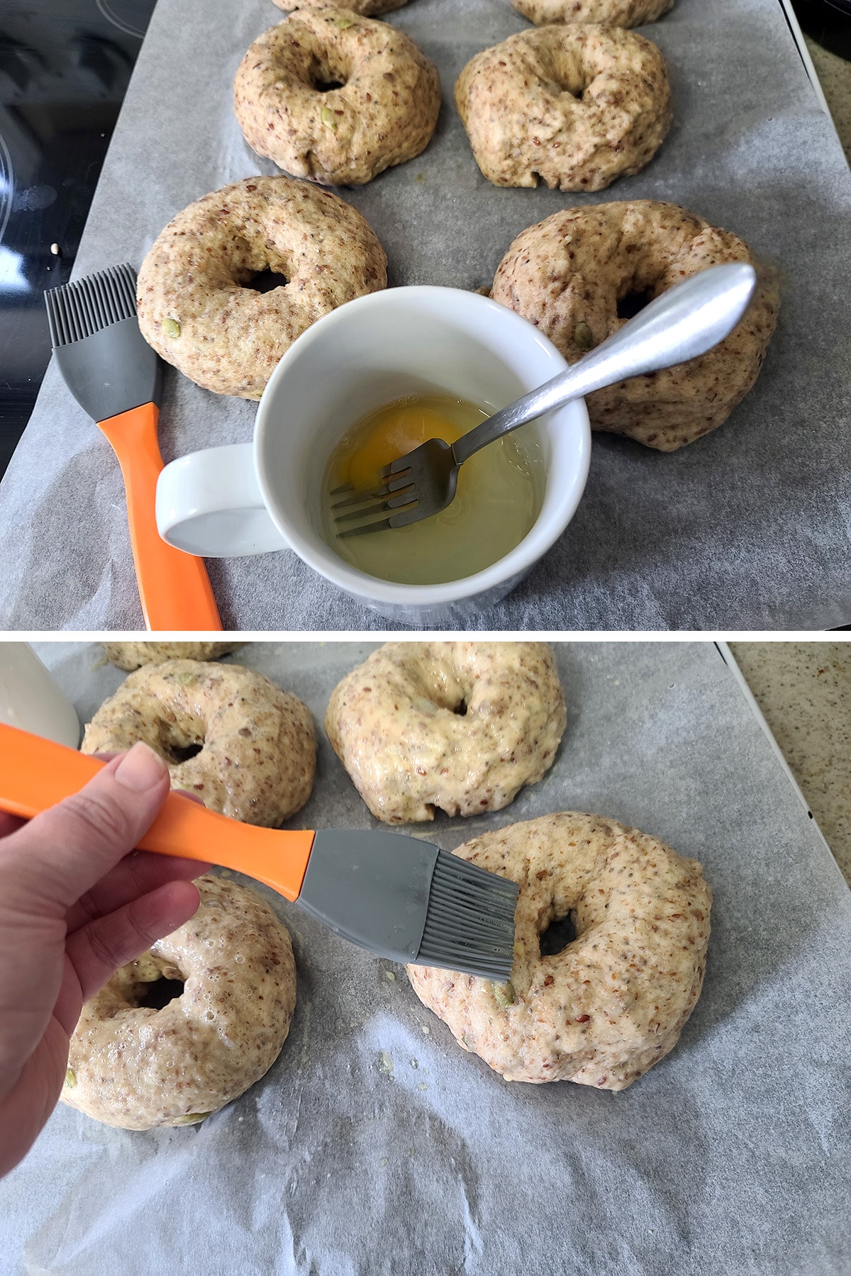 A two part image showing water and an egg in a white coffee mug, then the whisked egg mixture being brushed onto the raw bagels.