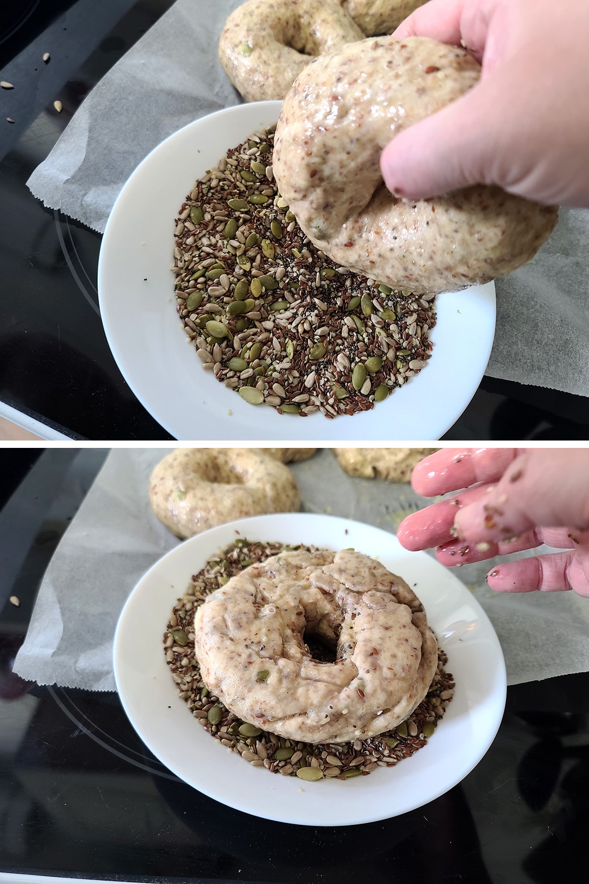 A two part image showing a hand holding a formed bagel over a bowl of seed mixture, then the bagel inverted into that mixture.