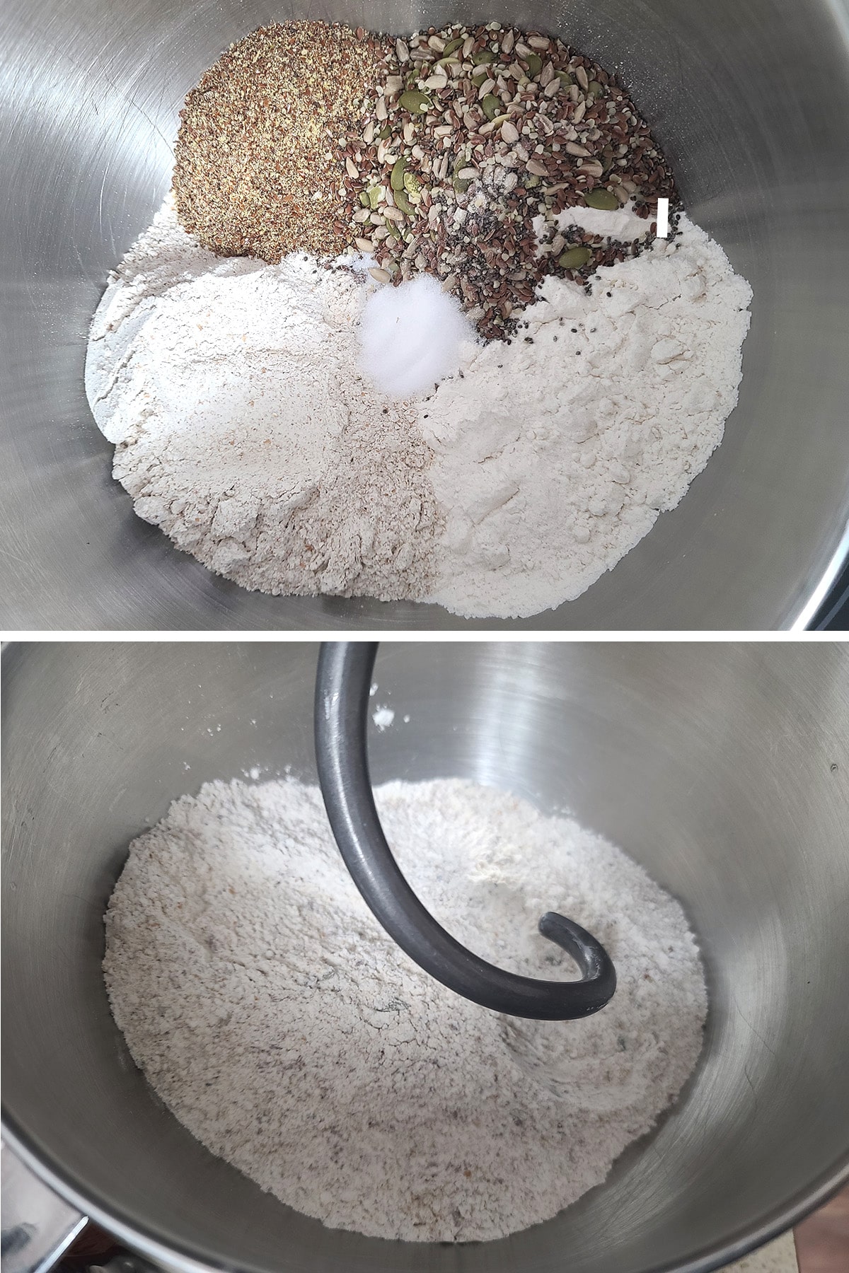 A 2 part image showing a metal mixer bowl with the dry ingredients measured into it, then the dry ingredients after being mixed.