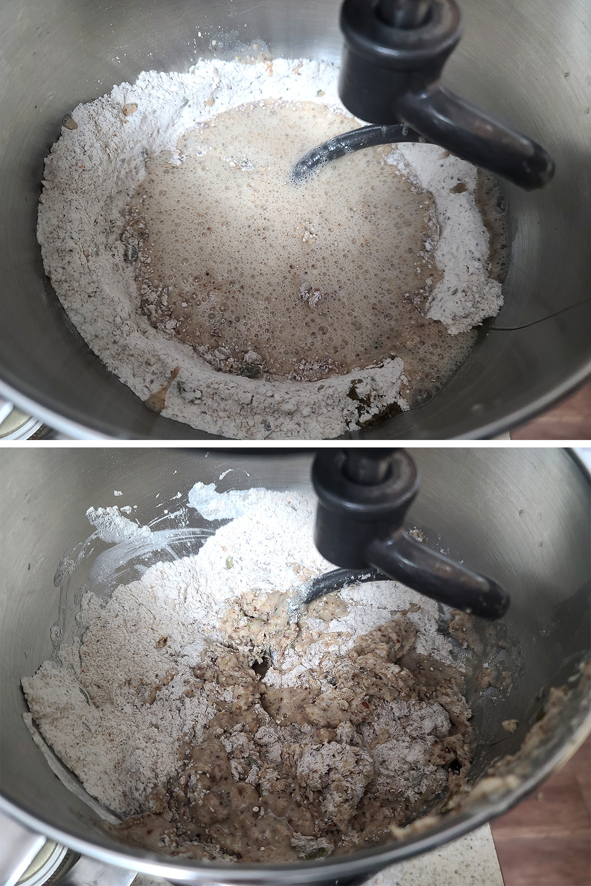 A two part image showing the liquid being poured into the mixer bowl of dry ingredients, and after it's been stirred in a little.