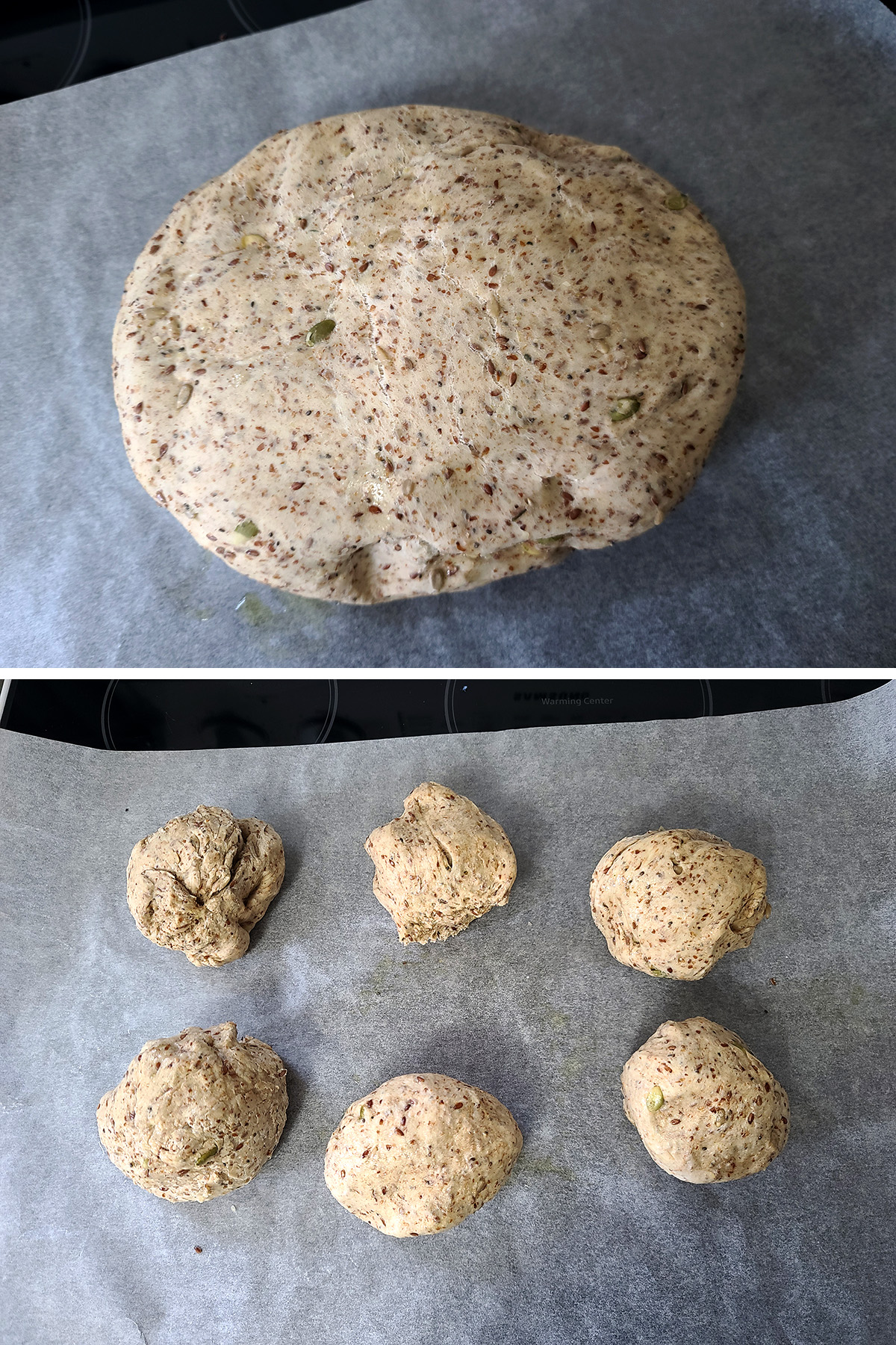 A two part photo showing the large ball of seeded whole wheat flax dough dumped out on a sheet of parchment, then after it's been divided into 6 balls.