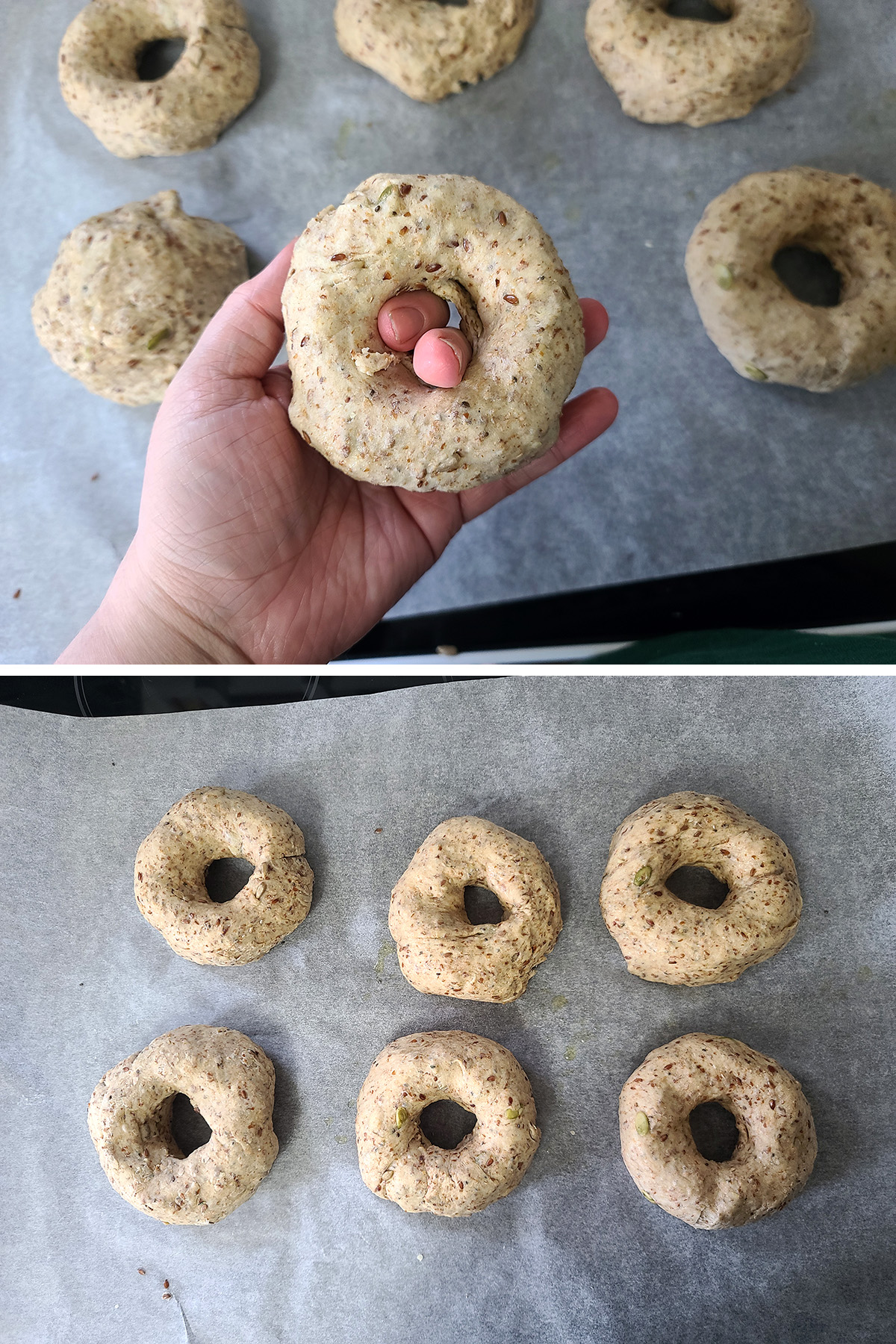 A two part image showing a hand holding a ball of dough that's been shaped into a bagel, and then 6 formed bagels on a parchment lined surface.